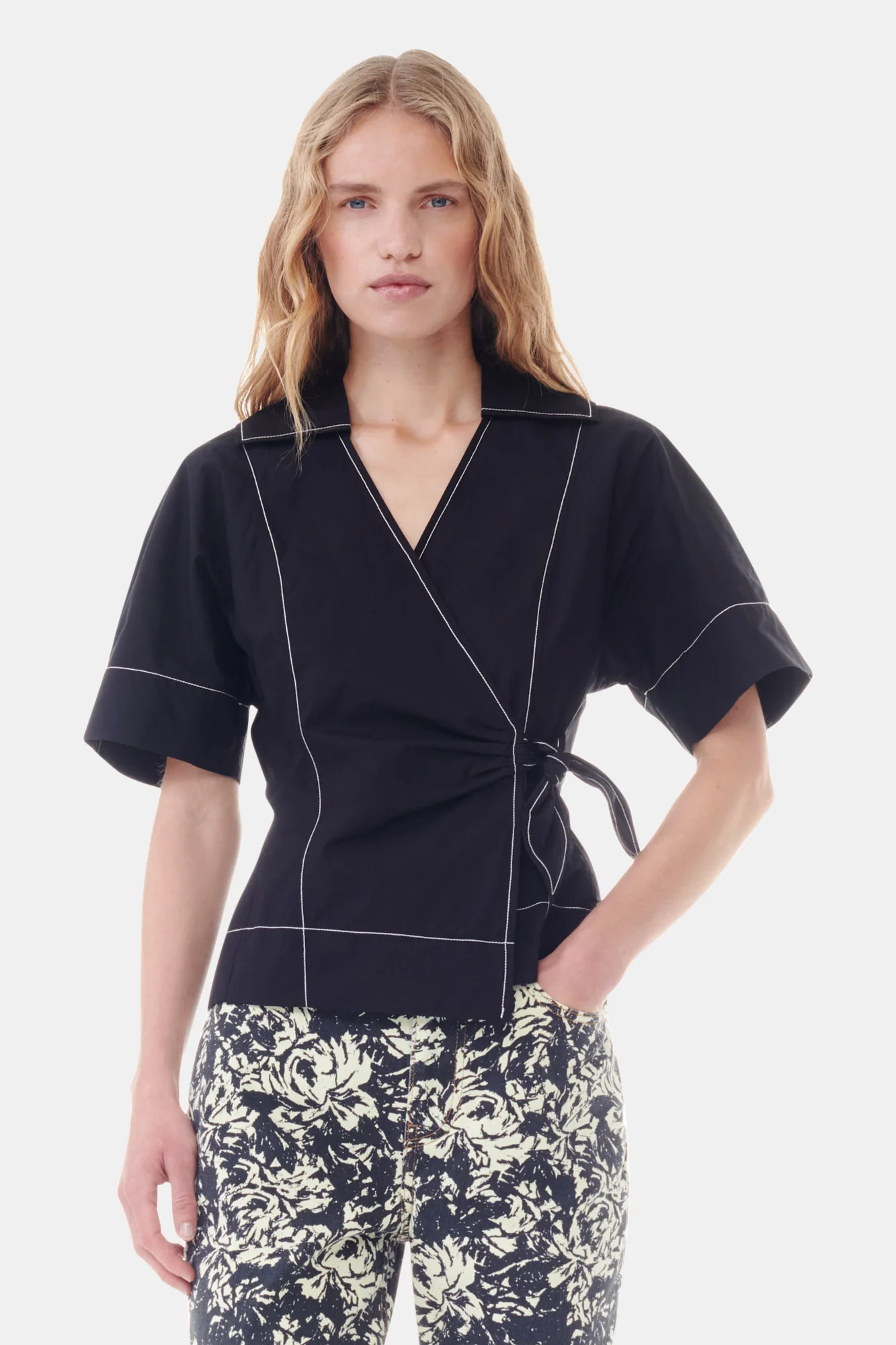Cotton Poplin Wrap Blouse | Black - Image 3