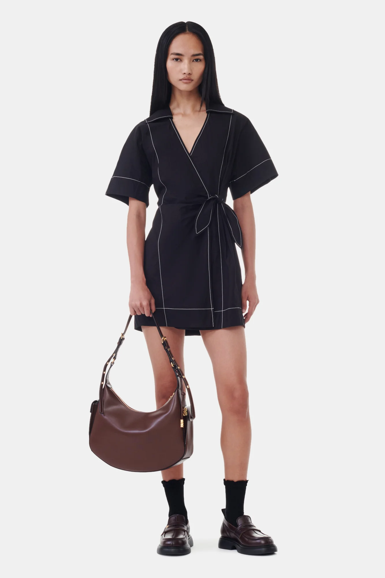Cotton Poplin Wrap Mini Dress | Black - Image 3