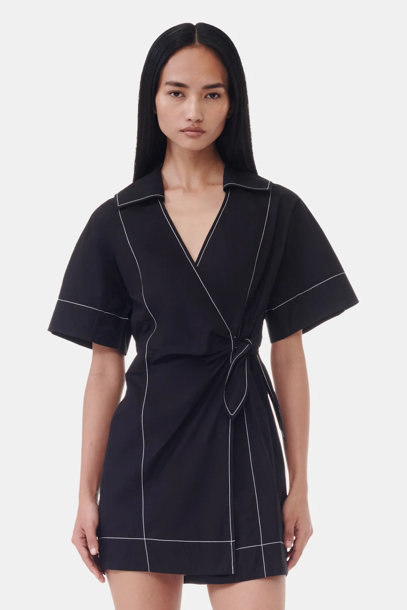 Cotton Poplin Wrap Mini Dress | Black - Image 4