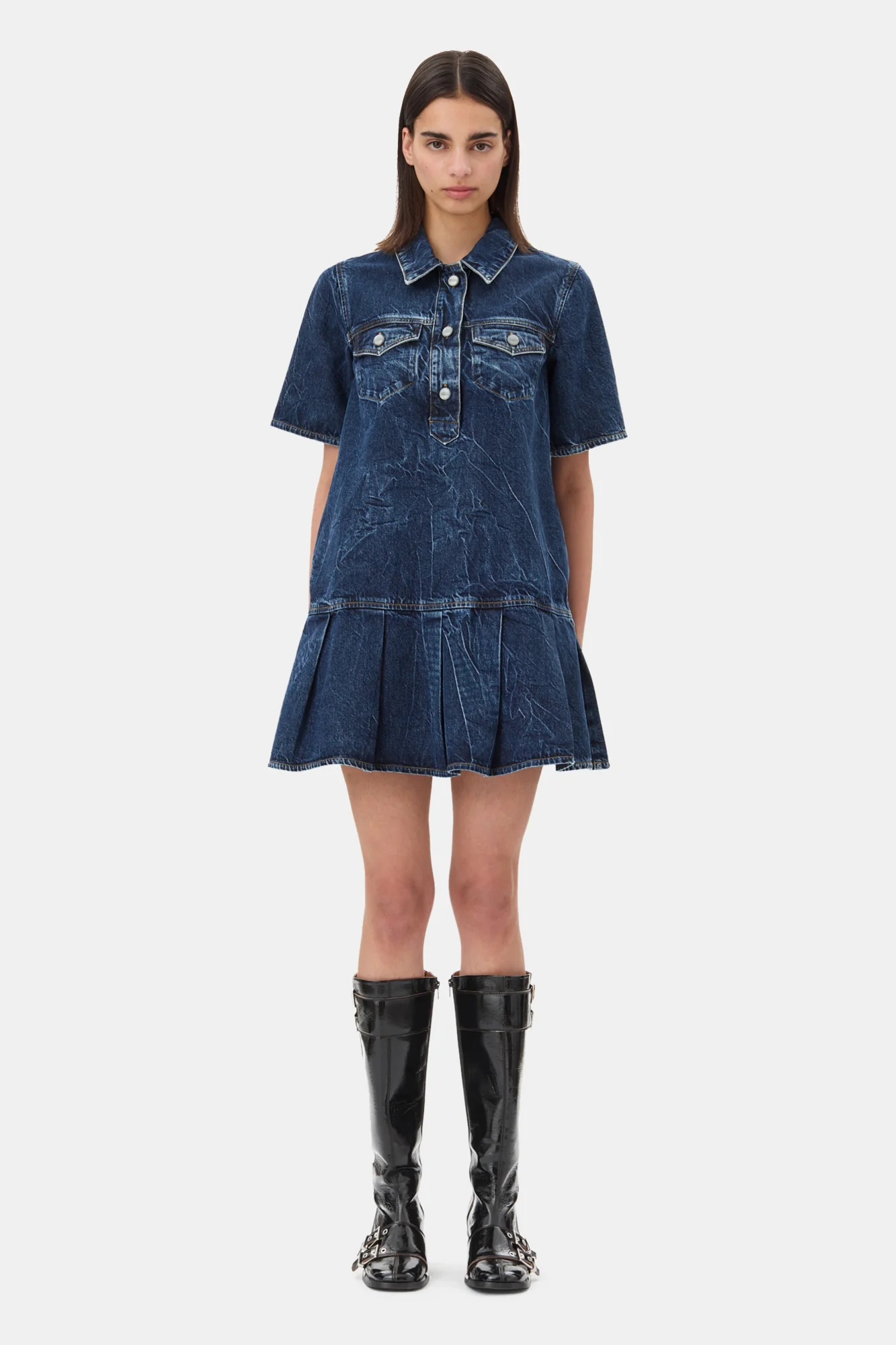 Crinkled Future Denim Mini Dress | Mid Blue Stone - Image 3
