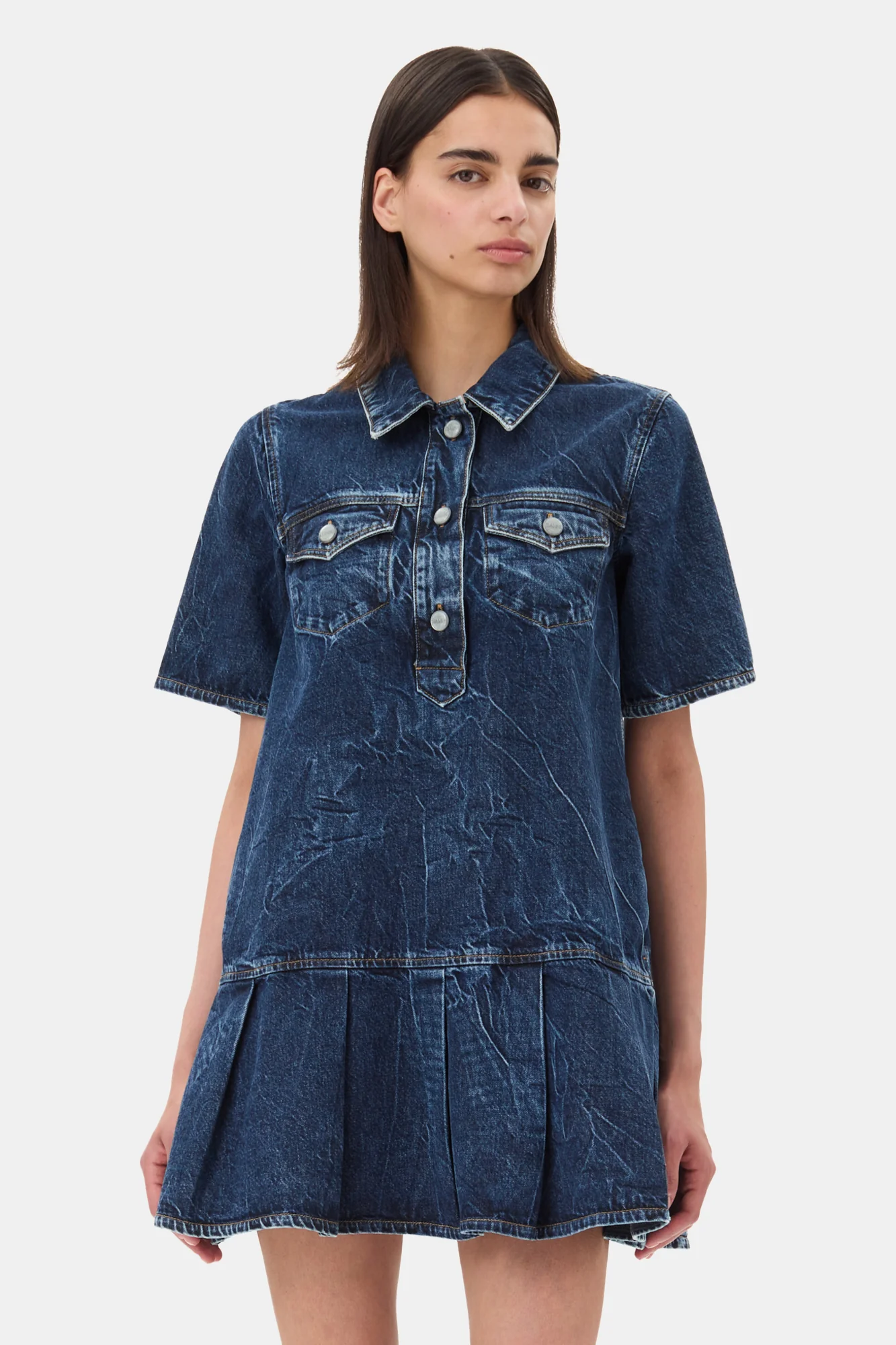 Crinkled Future Denim Mini Dress | Mid Blue Stone - Image 4