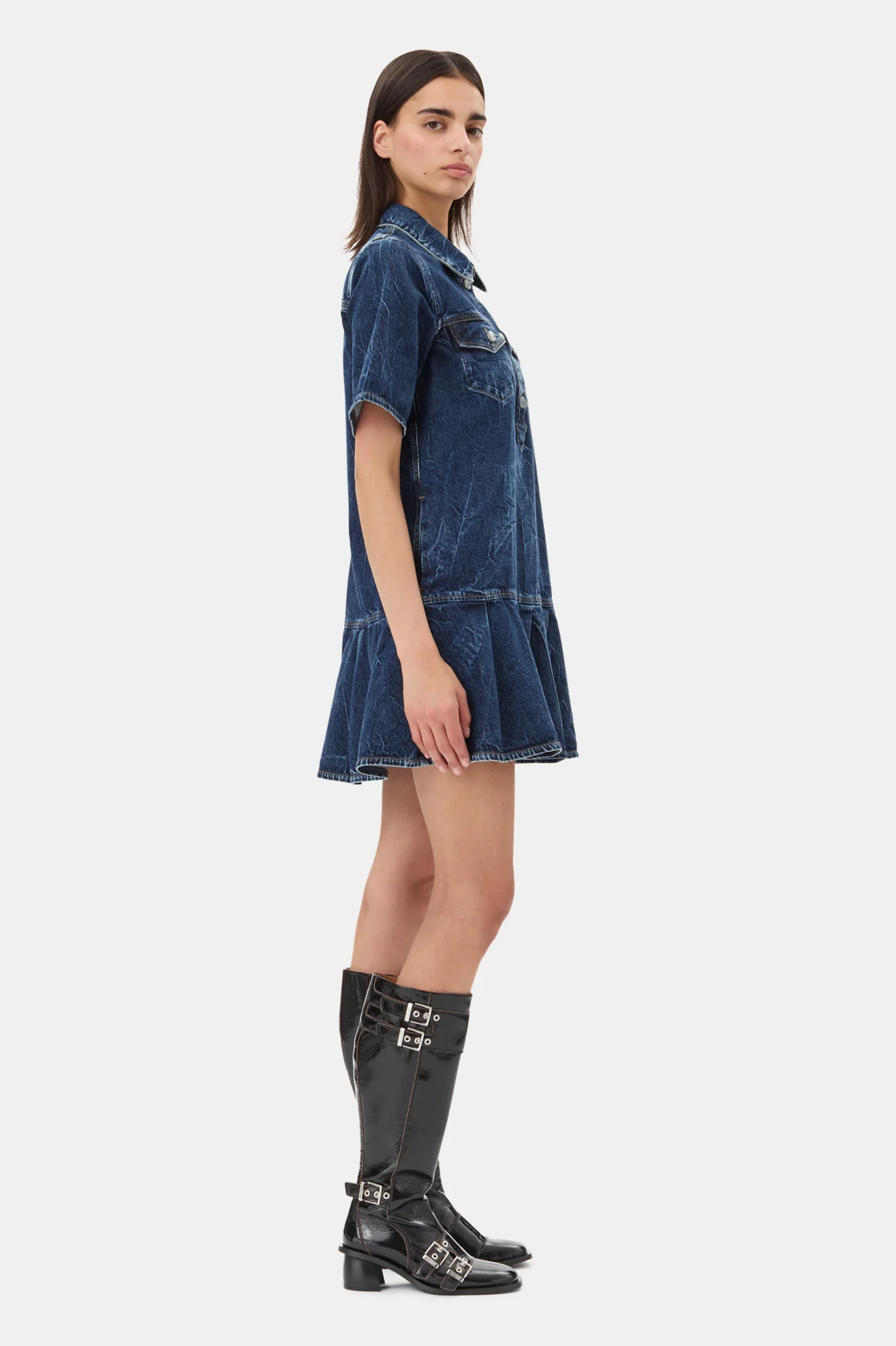 Crinkled Future Denim Mini Dress | Mid Blue Stone - Image 5