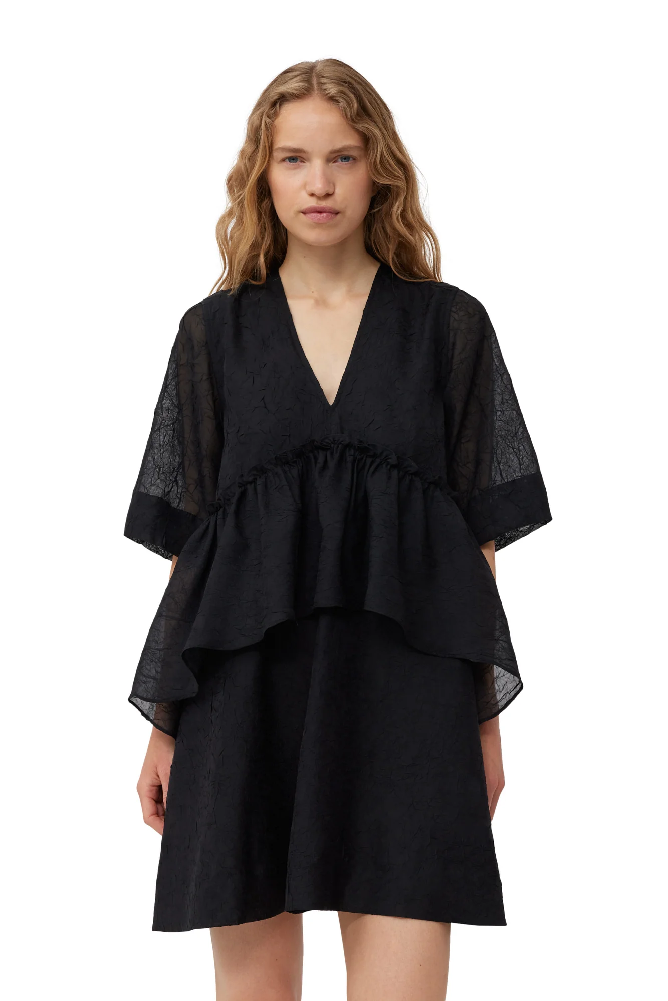 Crinkled Georgette Flounce Mini Dress | Black - Image 6