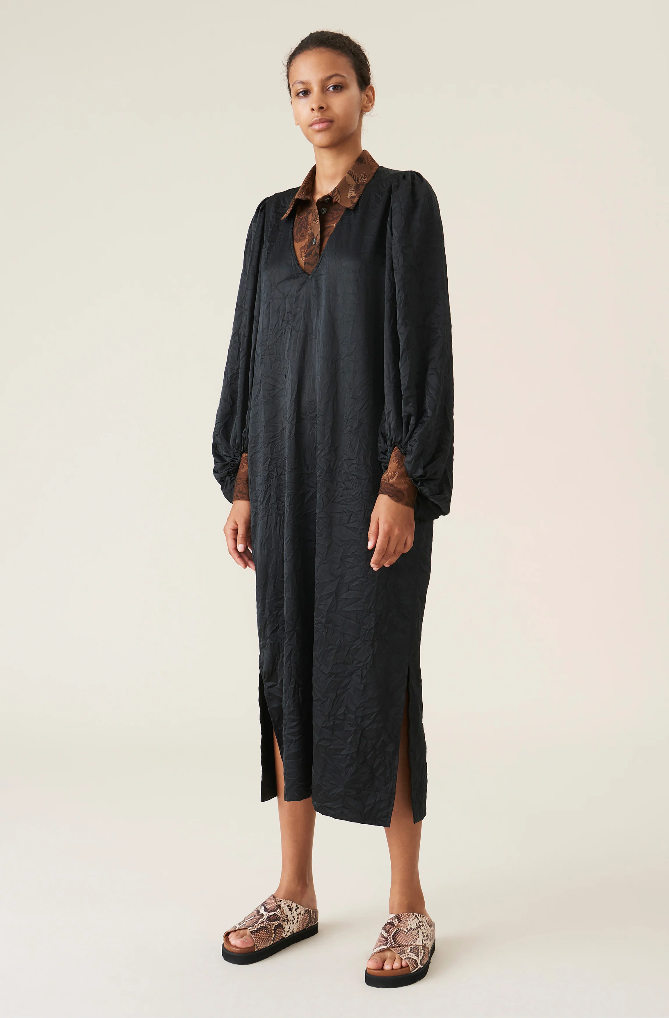 Crinkled Satin Midi Dress | Black - Image 2