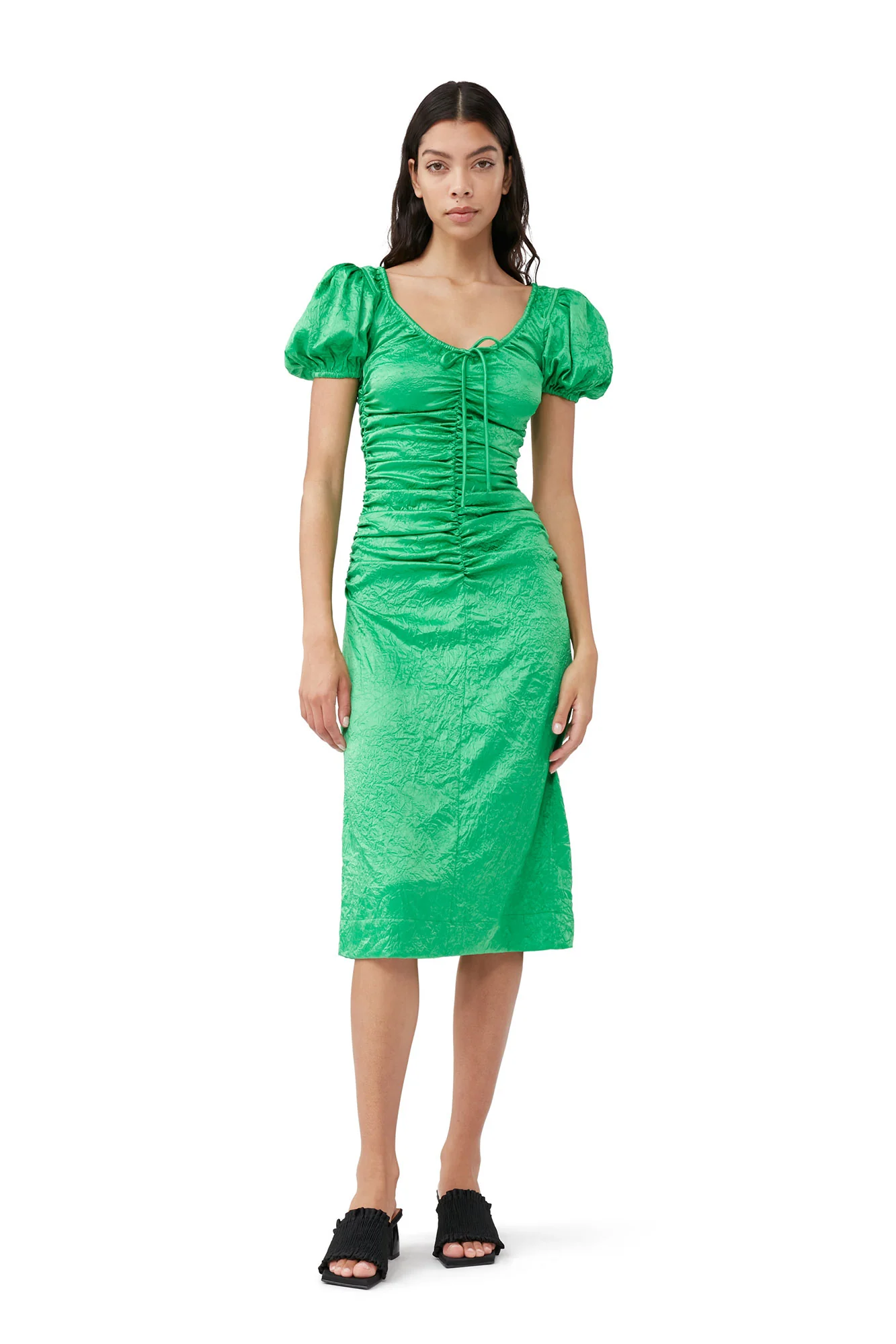 Crinkled Satin Midi Dress | Bright Green - Image 3