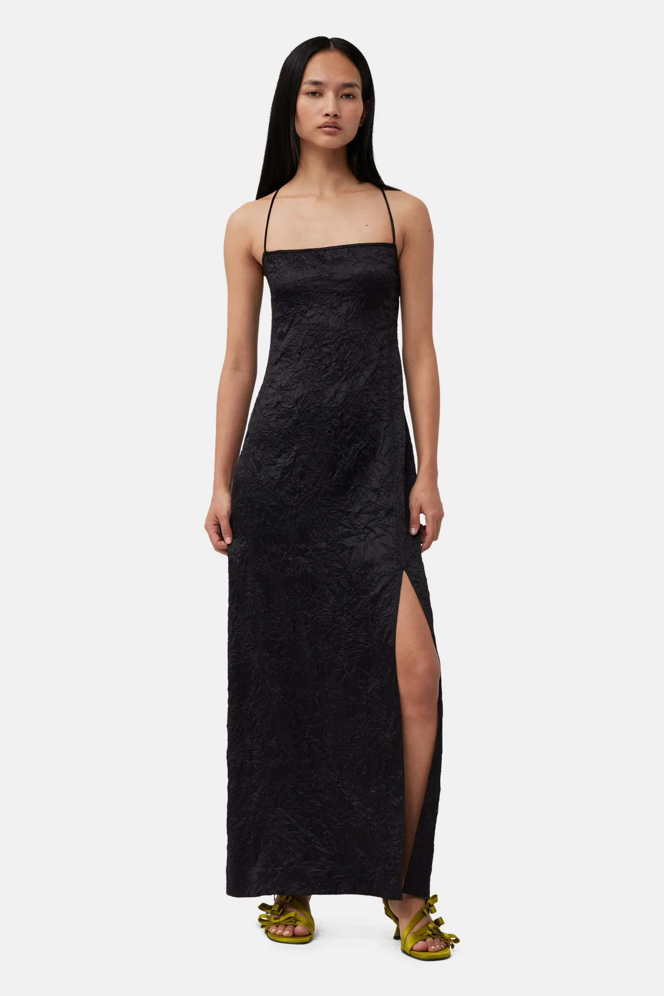 Crinkled Satin Midi Slip Dress | Black - Image 3