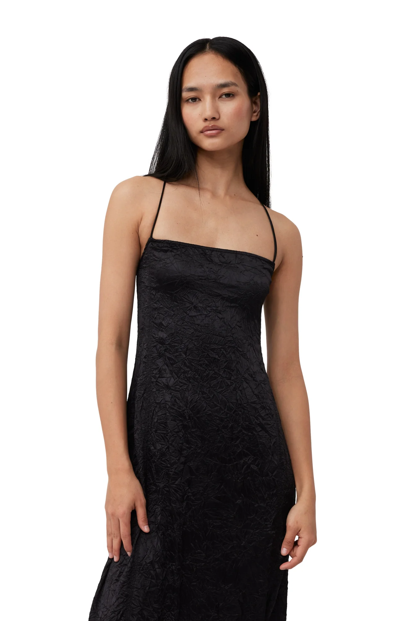 Crinkled Satin Midi Slip Dress | Black - Image 6