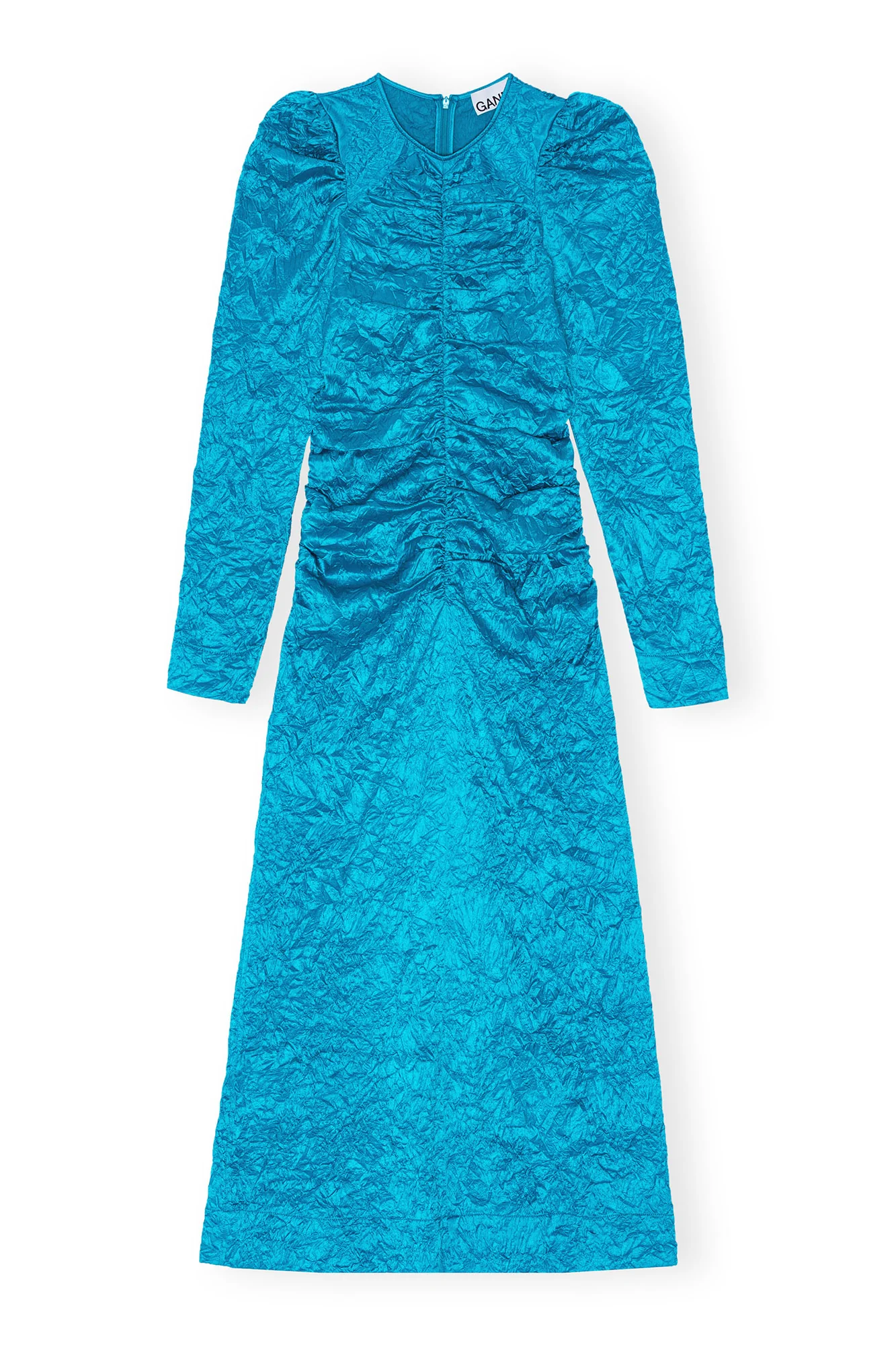 Crinkled Satin O-Neck Midi Dress | Algiers Blue