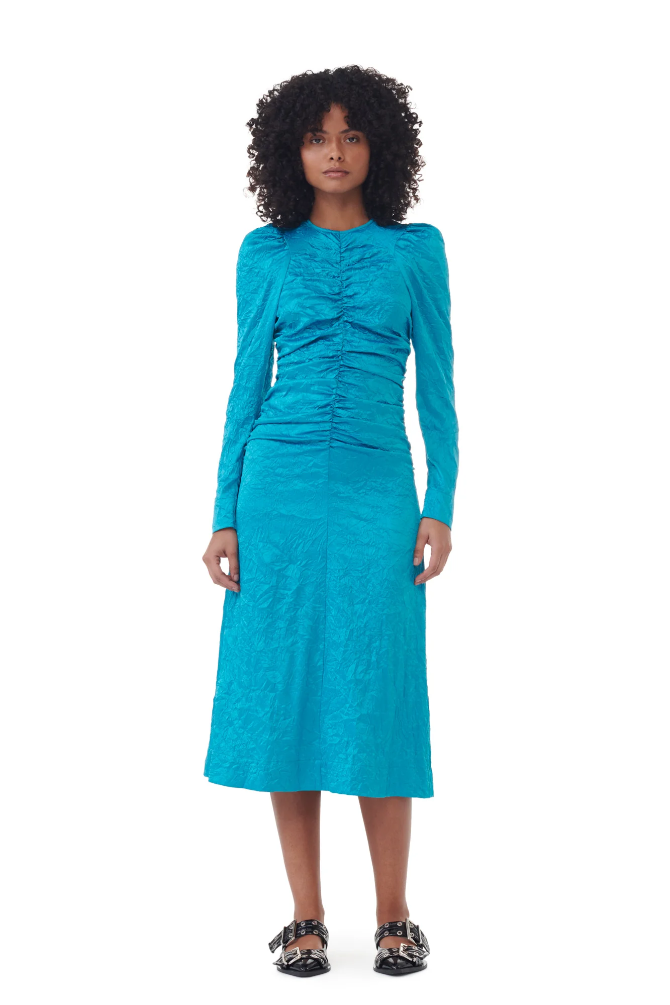Crinkled Satin O-Neck Midi Dress | Algiers Blue - Image 5