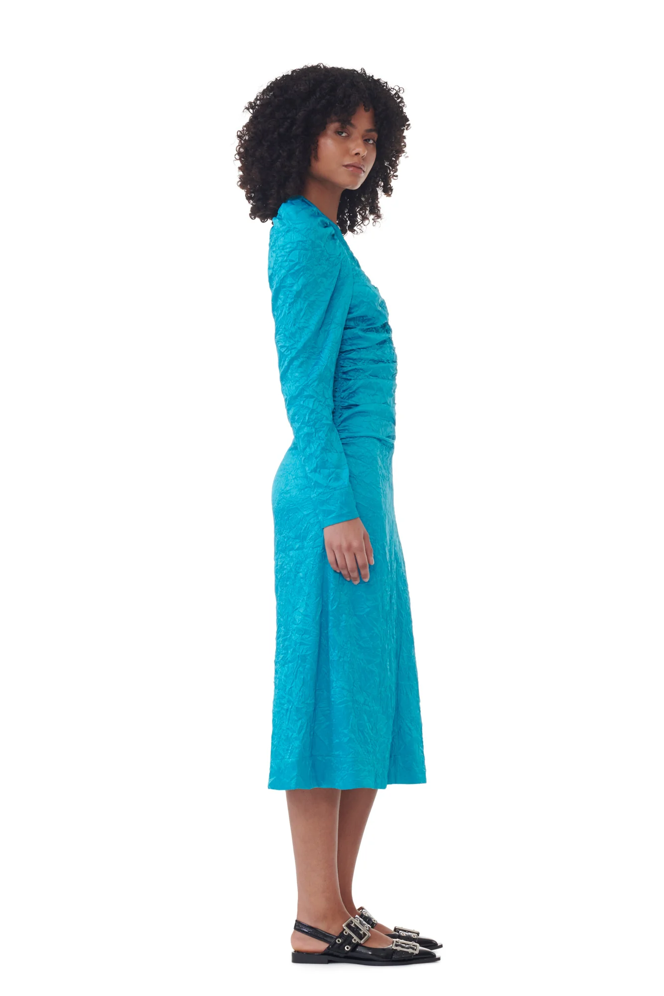 Crinkled Satin O-Neck Midi Dress | Algiers Blue - Image 6