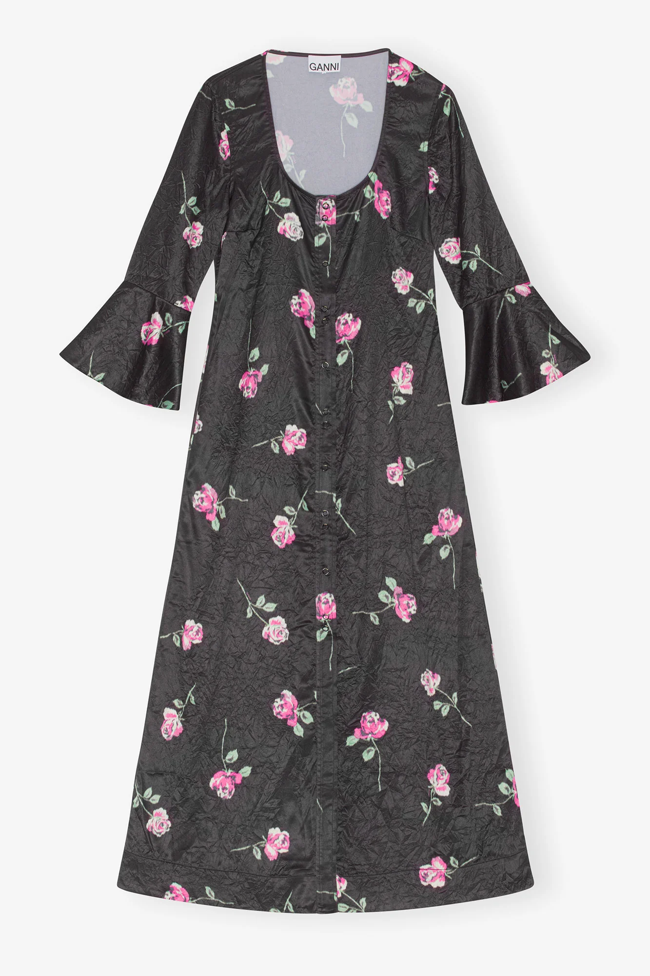 Crinkled Satin U-neck Long Dress | Black - Image 2
