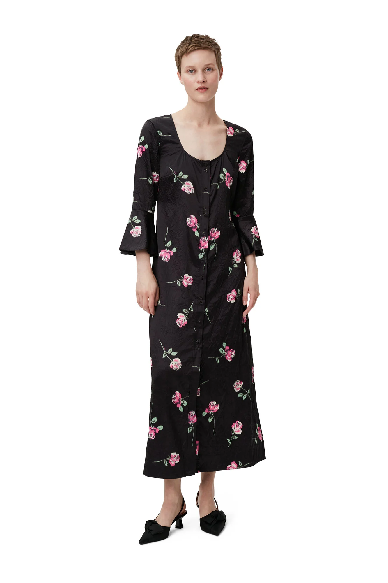 Crinkled Satin U-neck Long Dress | Black - Image 5