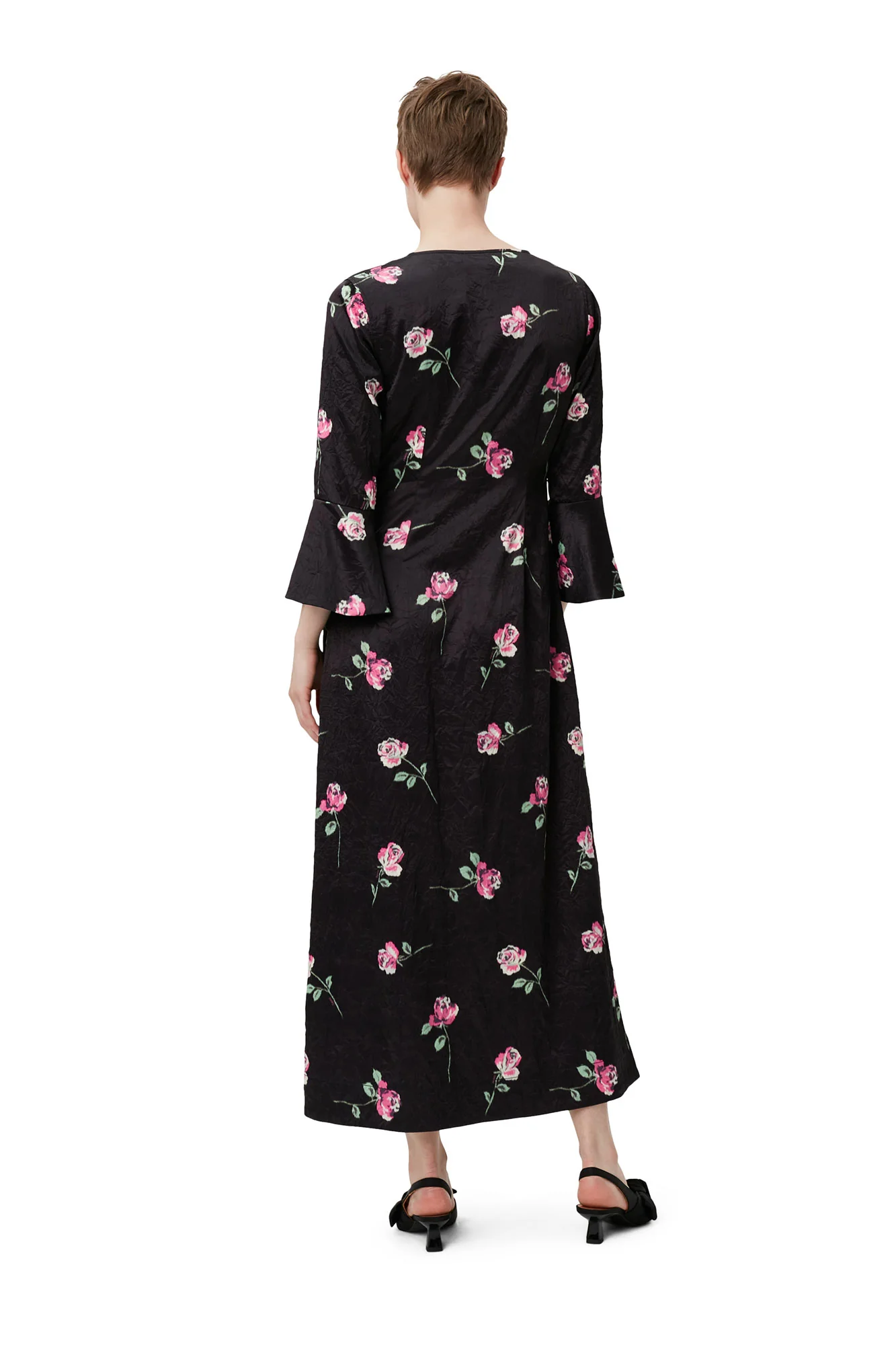 Crinkled Satin U-neck Long Dress | Black - Image 6