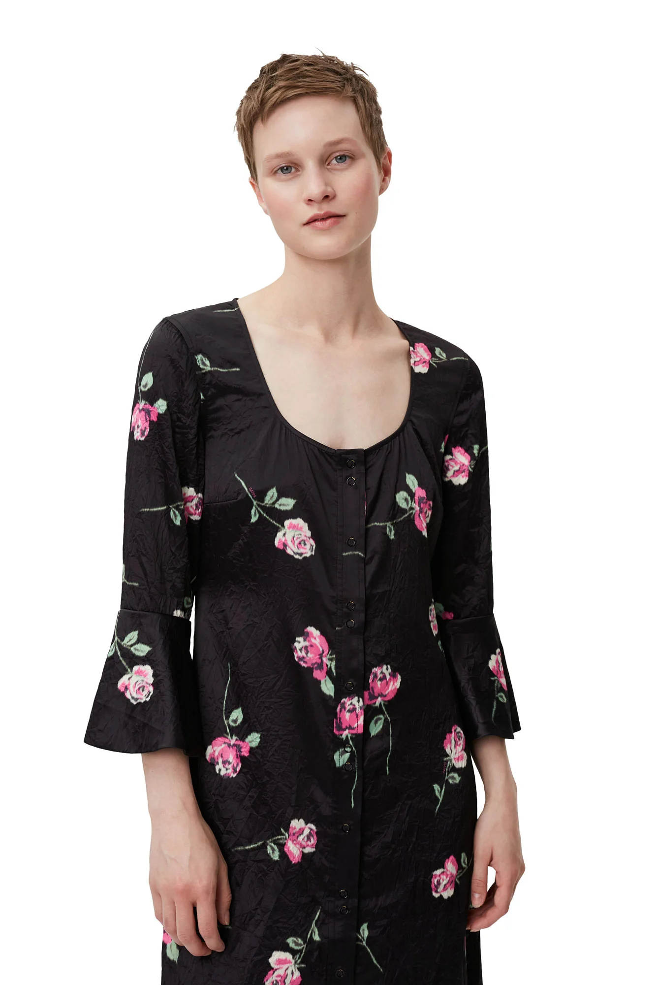 Crinkled Satin U-neck Long Dress | Black - Image 7
