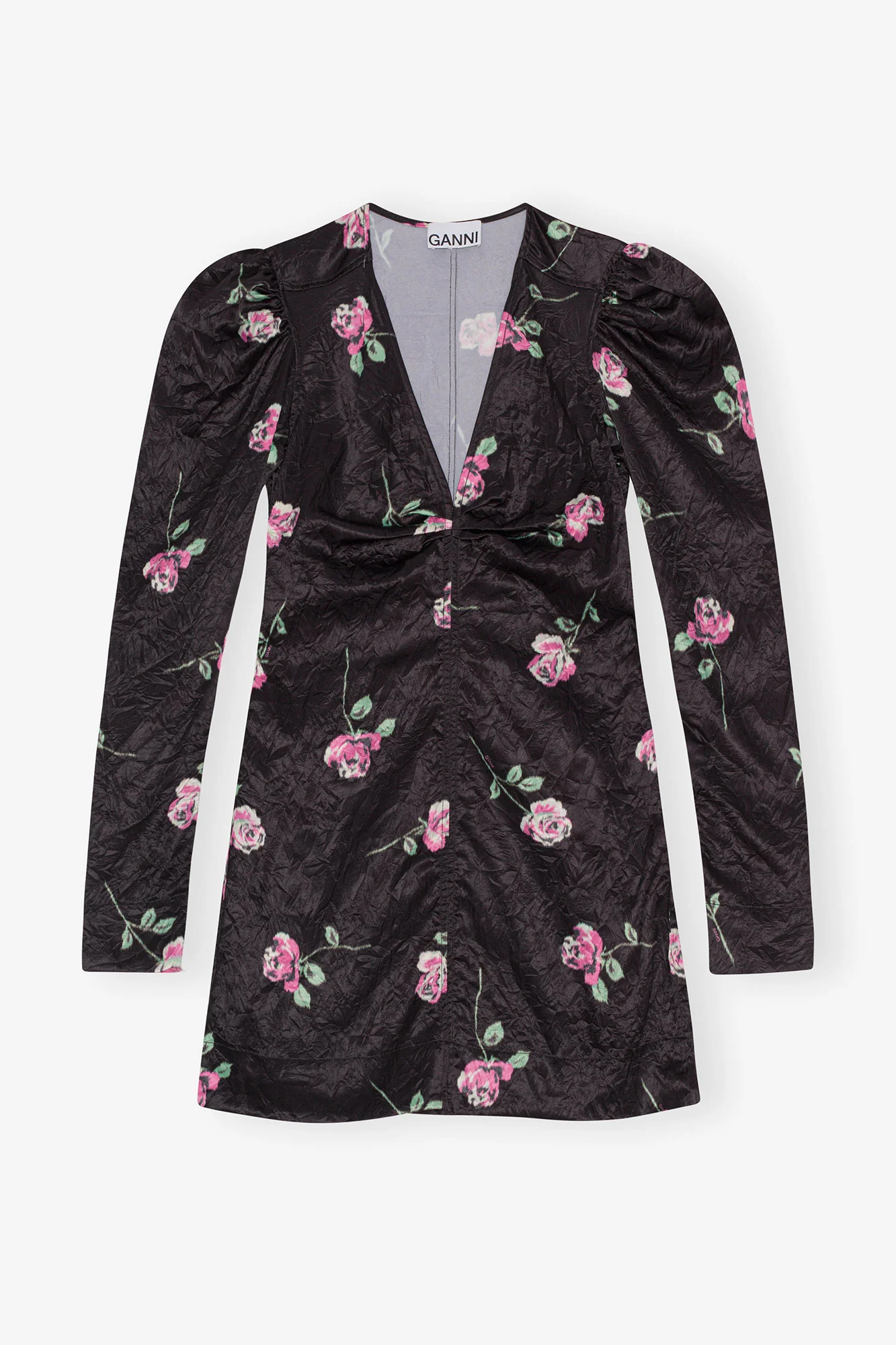 Crinkled Satin V-Neck Mini Dress | Black - Image 2