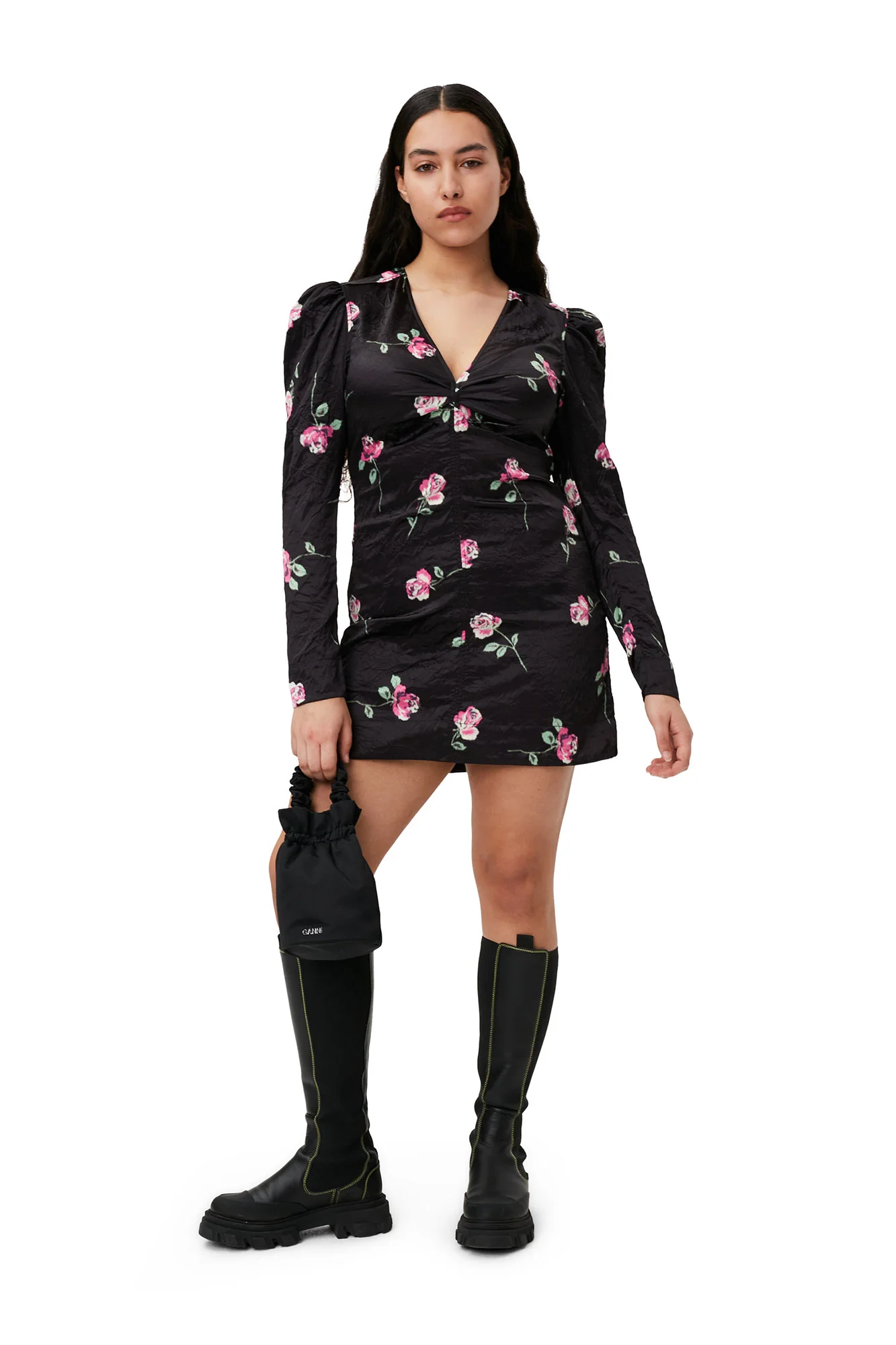 Crinkled Satin V-Neck Mini Dress | Black - Image 5