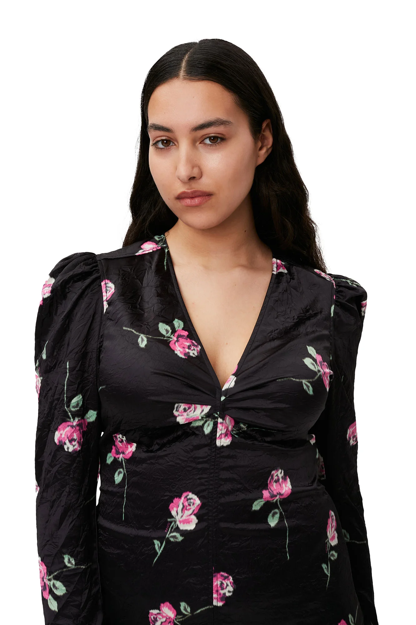 Crinkled Satin V-Neck Mini Dress | Black - Image 7