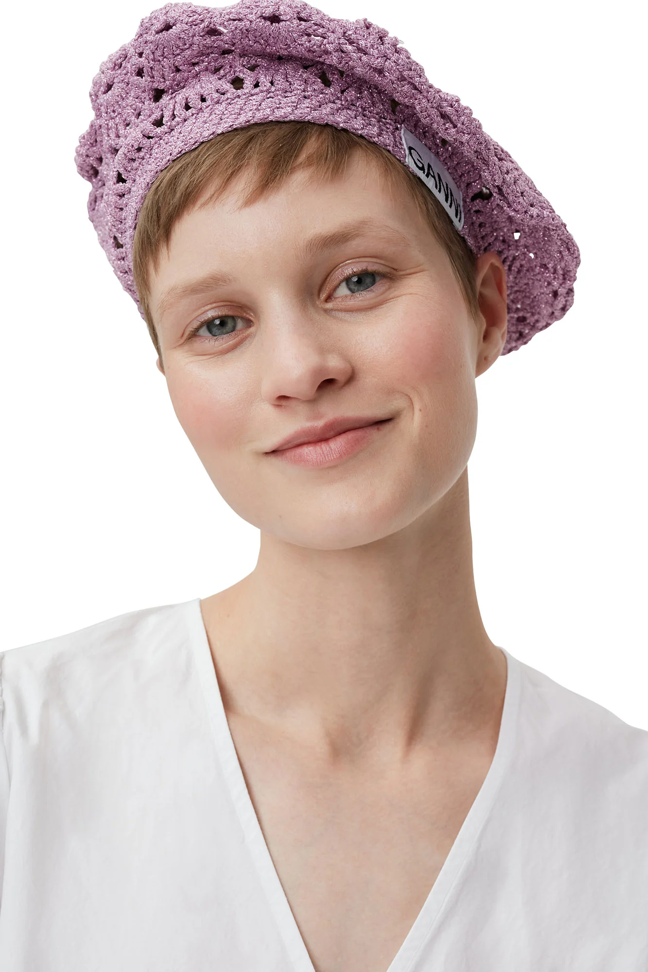 Crochet Metallic Beret | Light Lilac - Image 2
