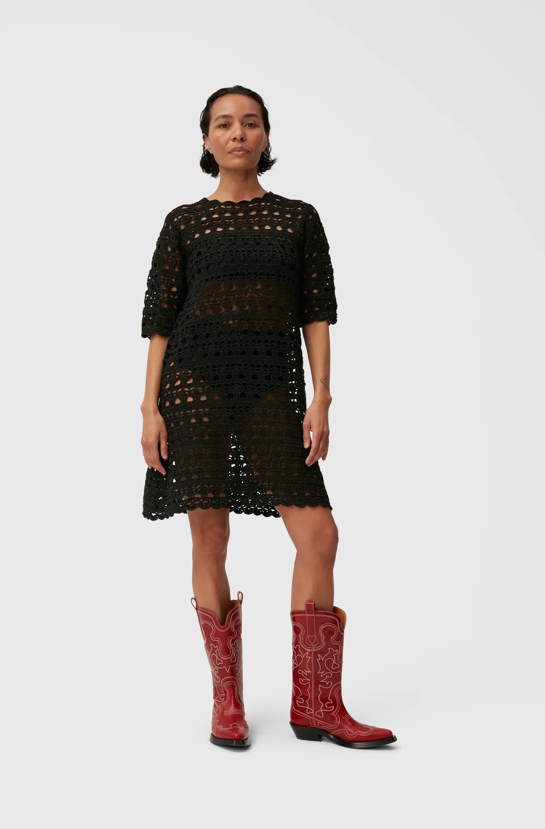 Crochet Open Back Mini Dress | Black - Image 3