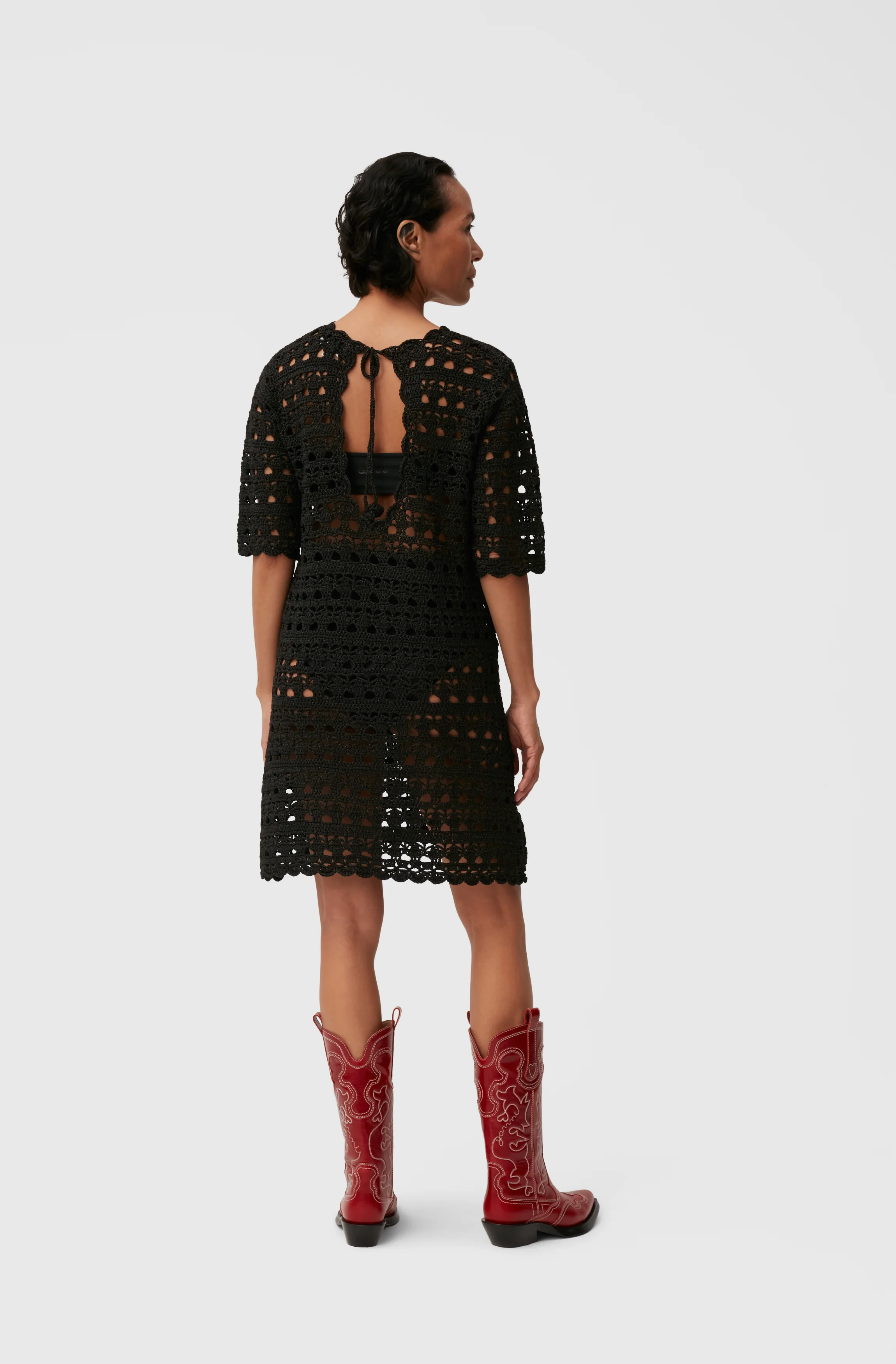 Crochet Open Back Mini Dress | Black - Image 4