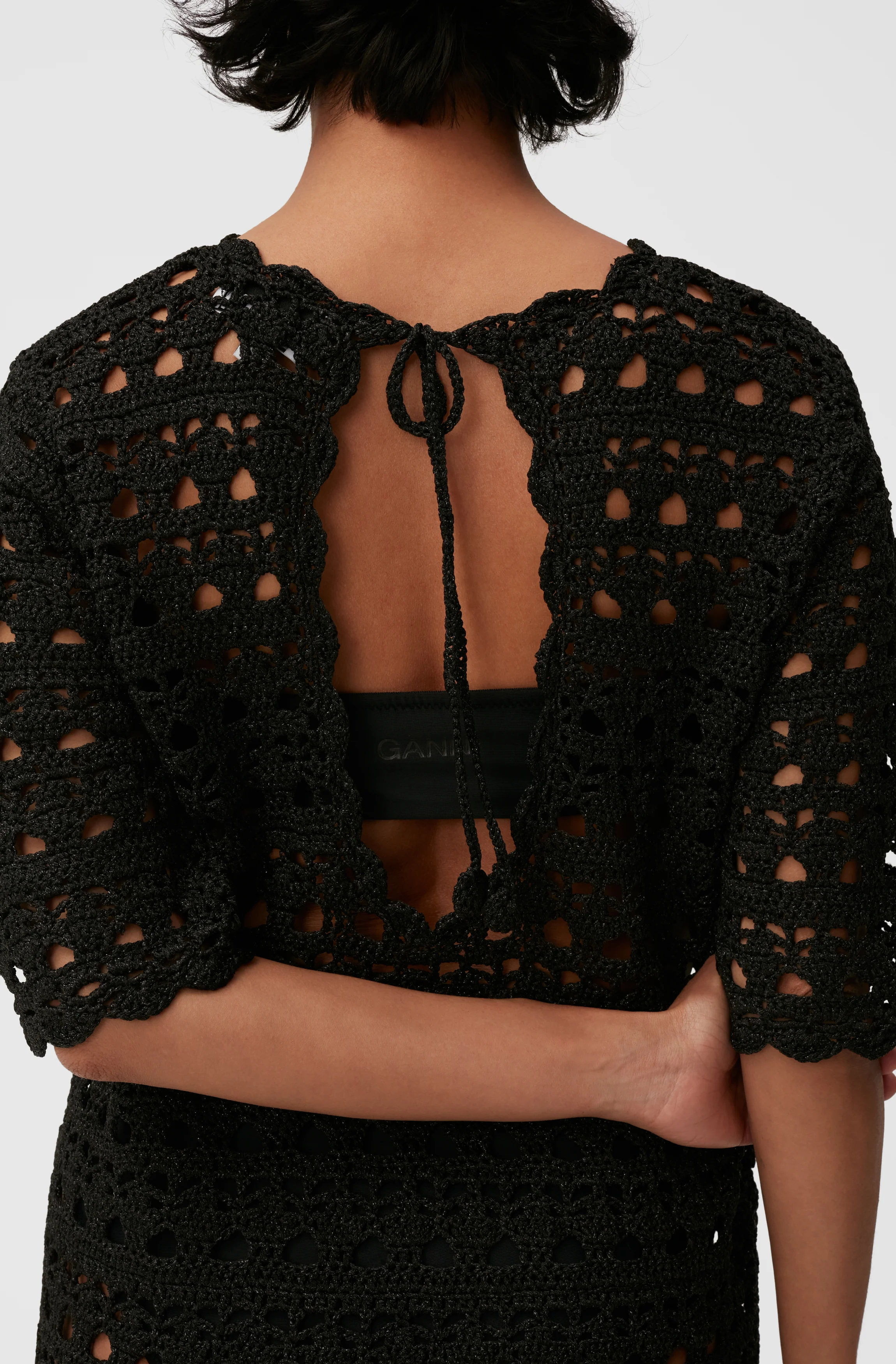 Crochet Open Back Mini Dress | Black - Image 7