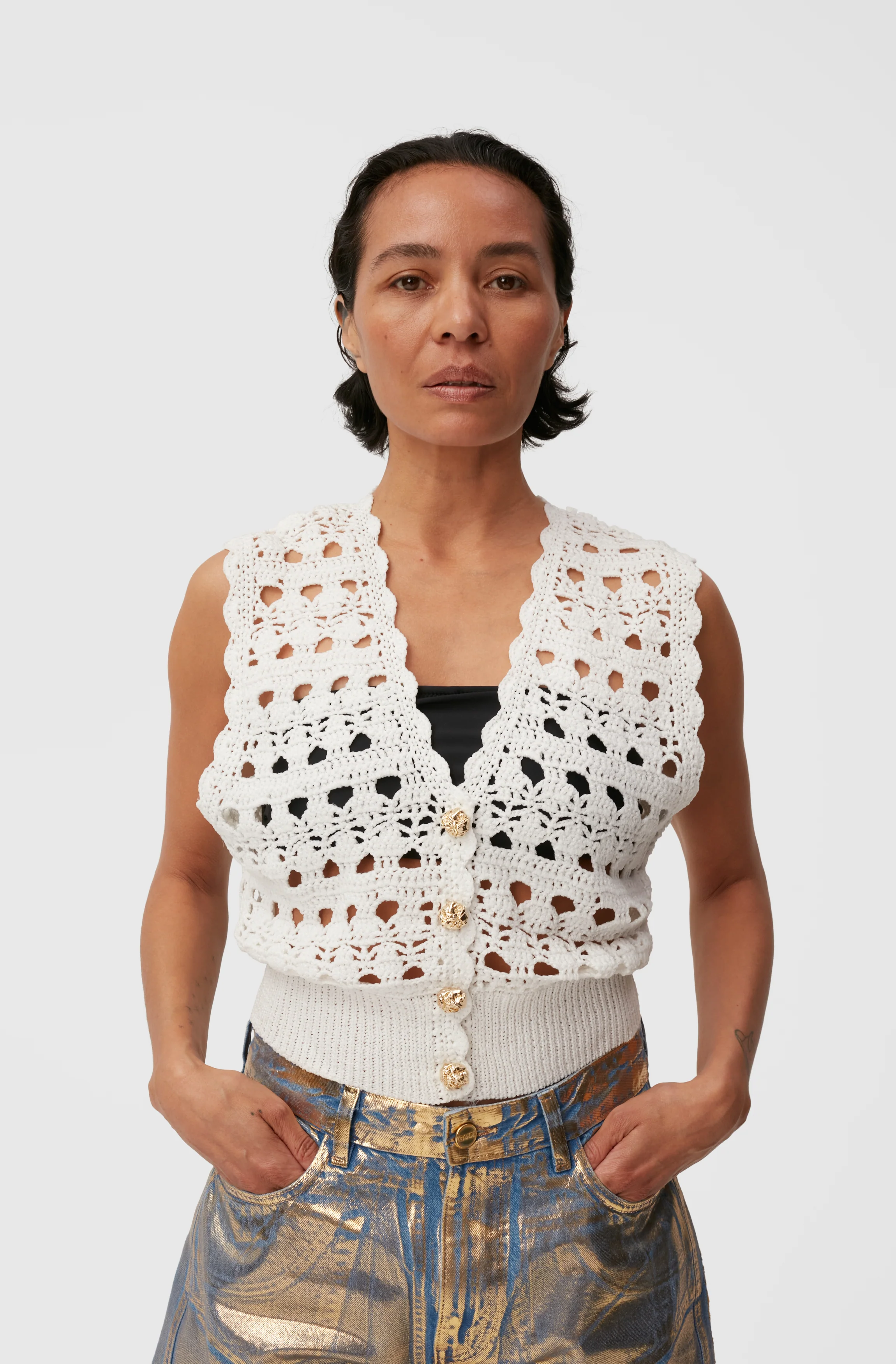 Crochet V-Neck Vest | Egret - Image 3