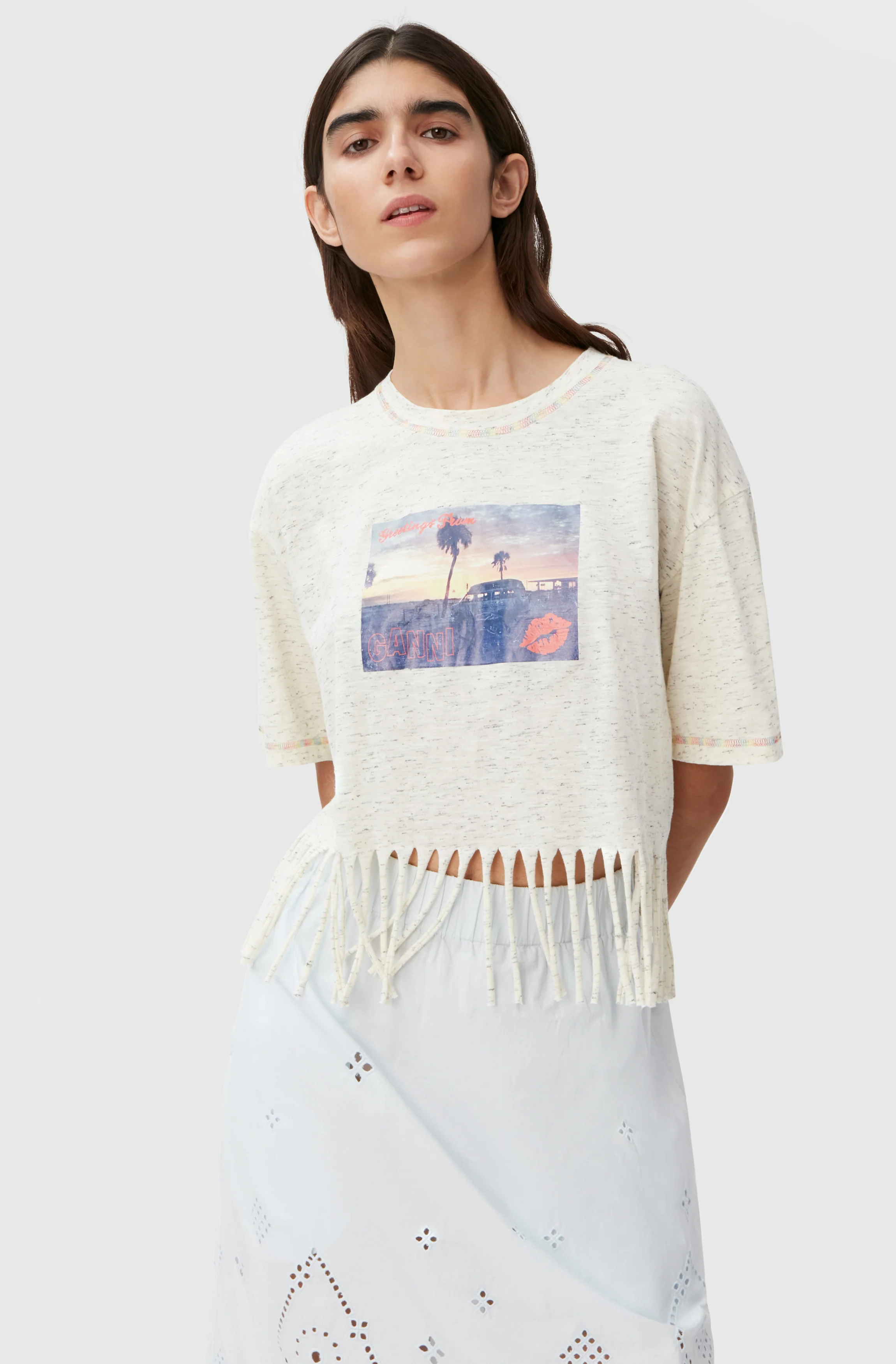Cropped Fringe Graphic Tee | Egret - Image 3