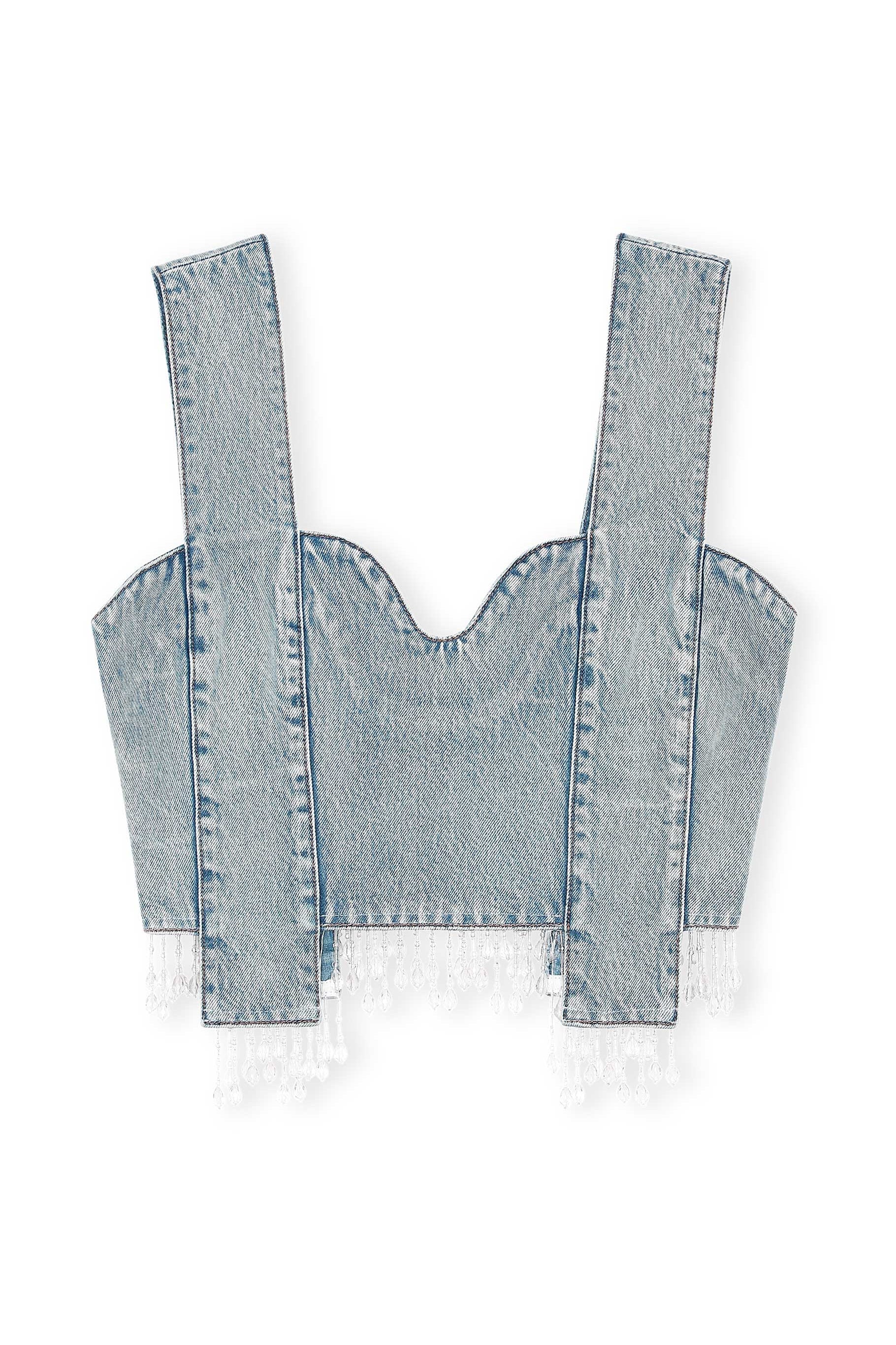 Denim Bead Fringes Panel Strap Top | Tint Wash