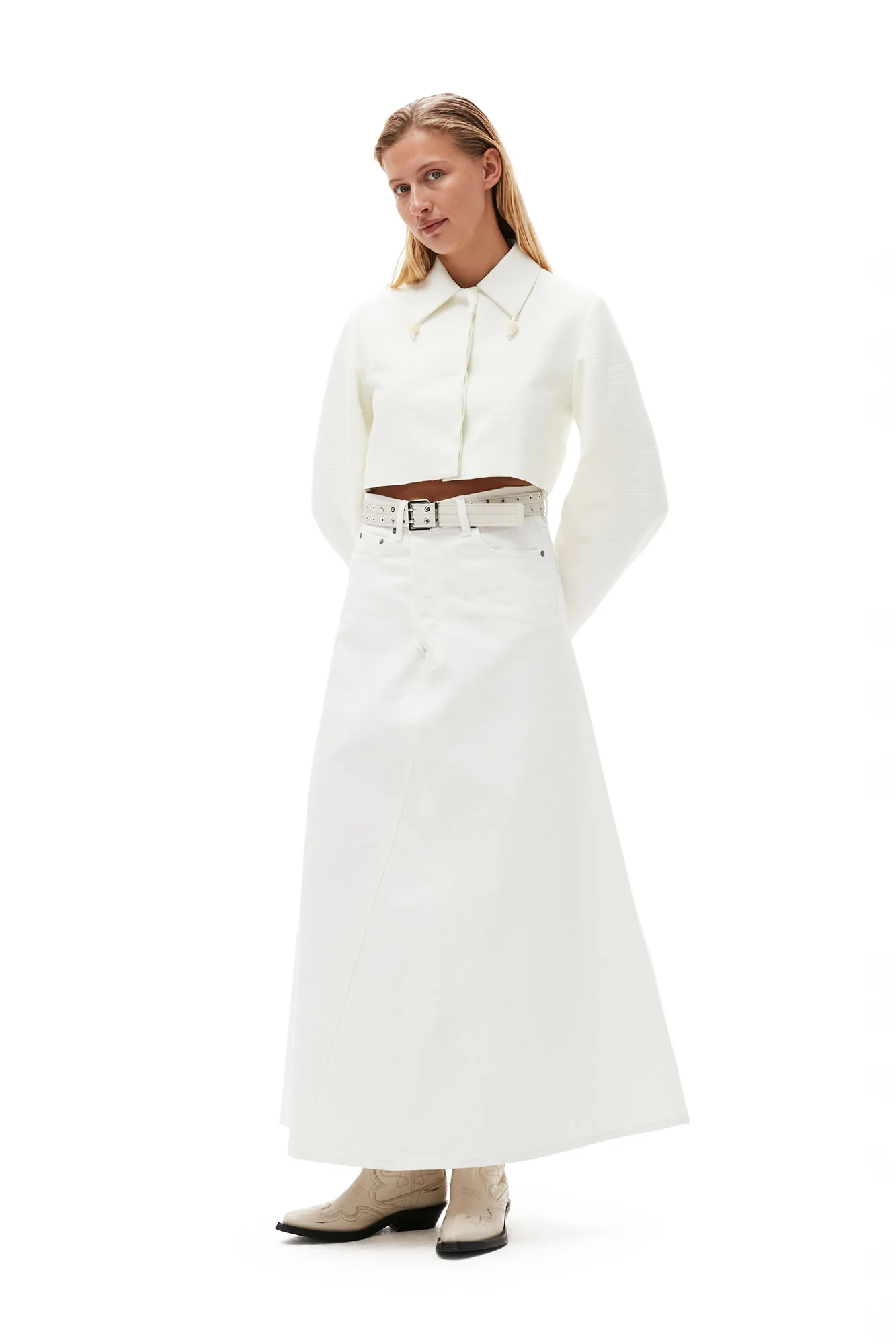 Denim Double Fly Maxi Skirt | Bright White - Image 3