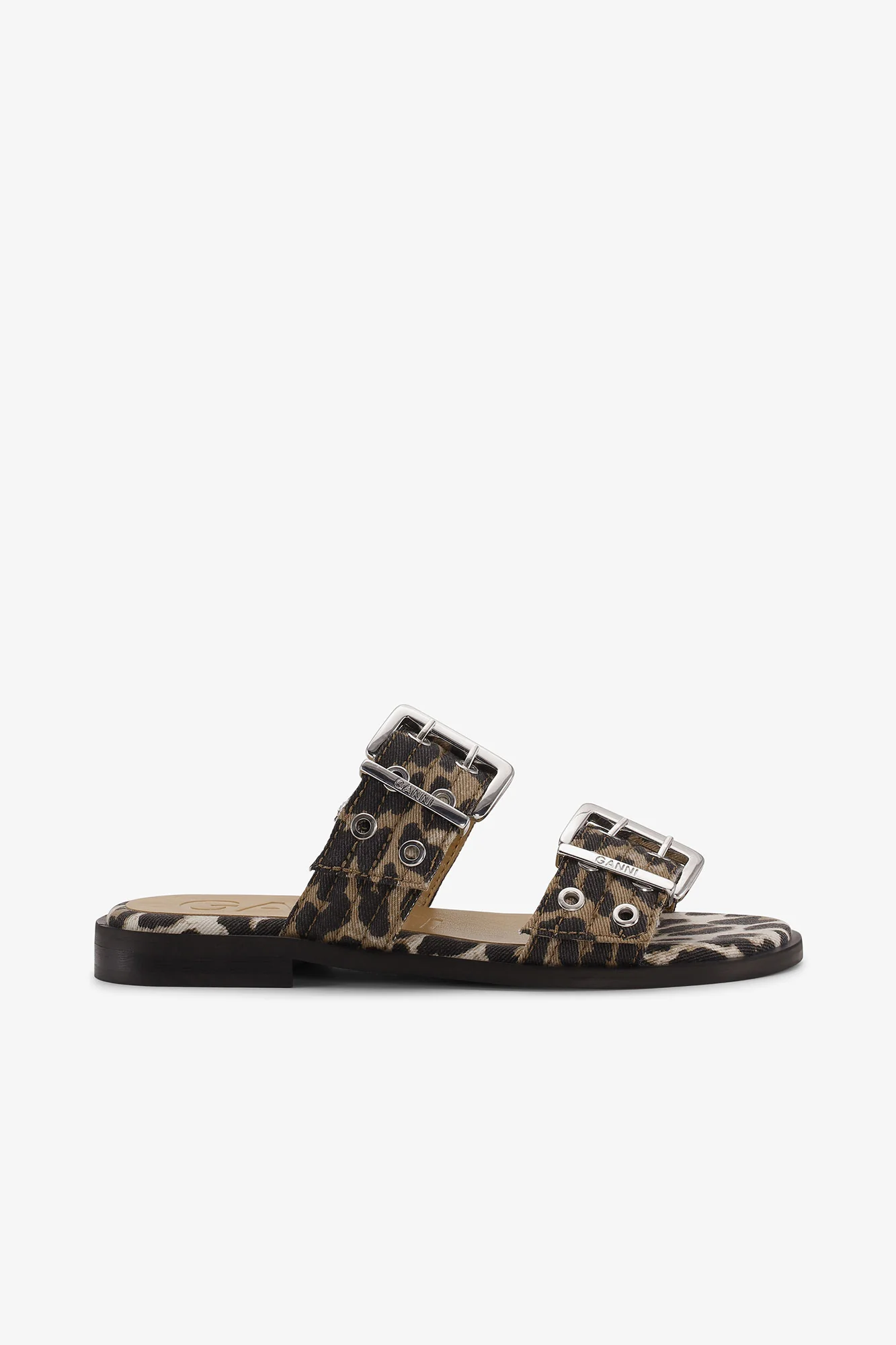 Denim Feminine Buckle Two-Strap Sandals | Leopard
