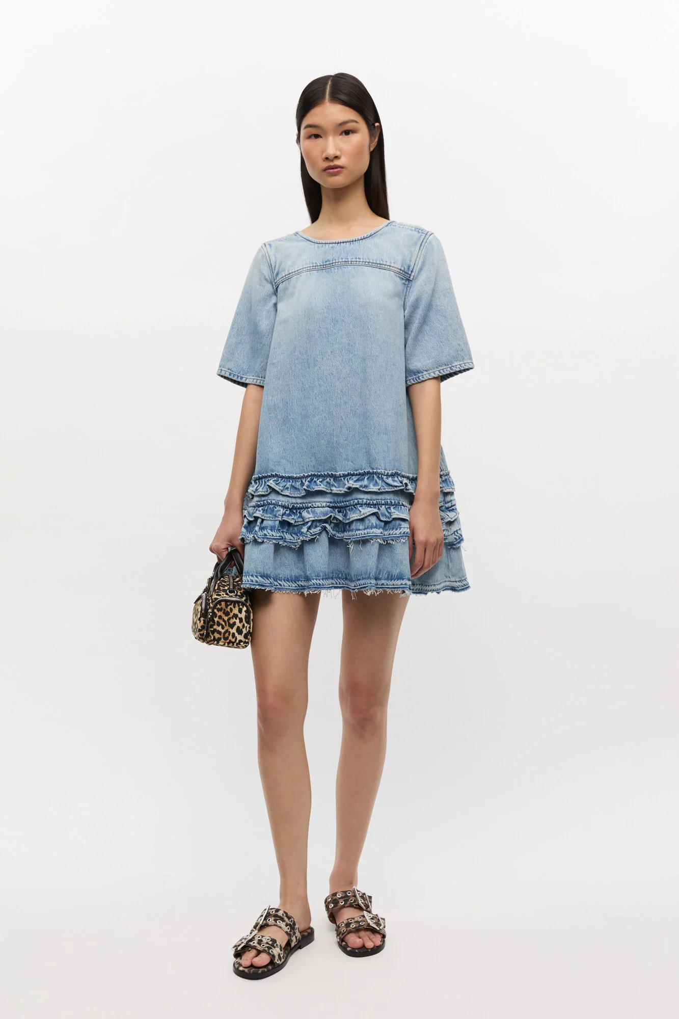 Denim Feminine Buckle Two-Strap Sandals | Leopard - Image 6