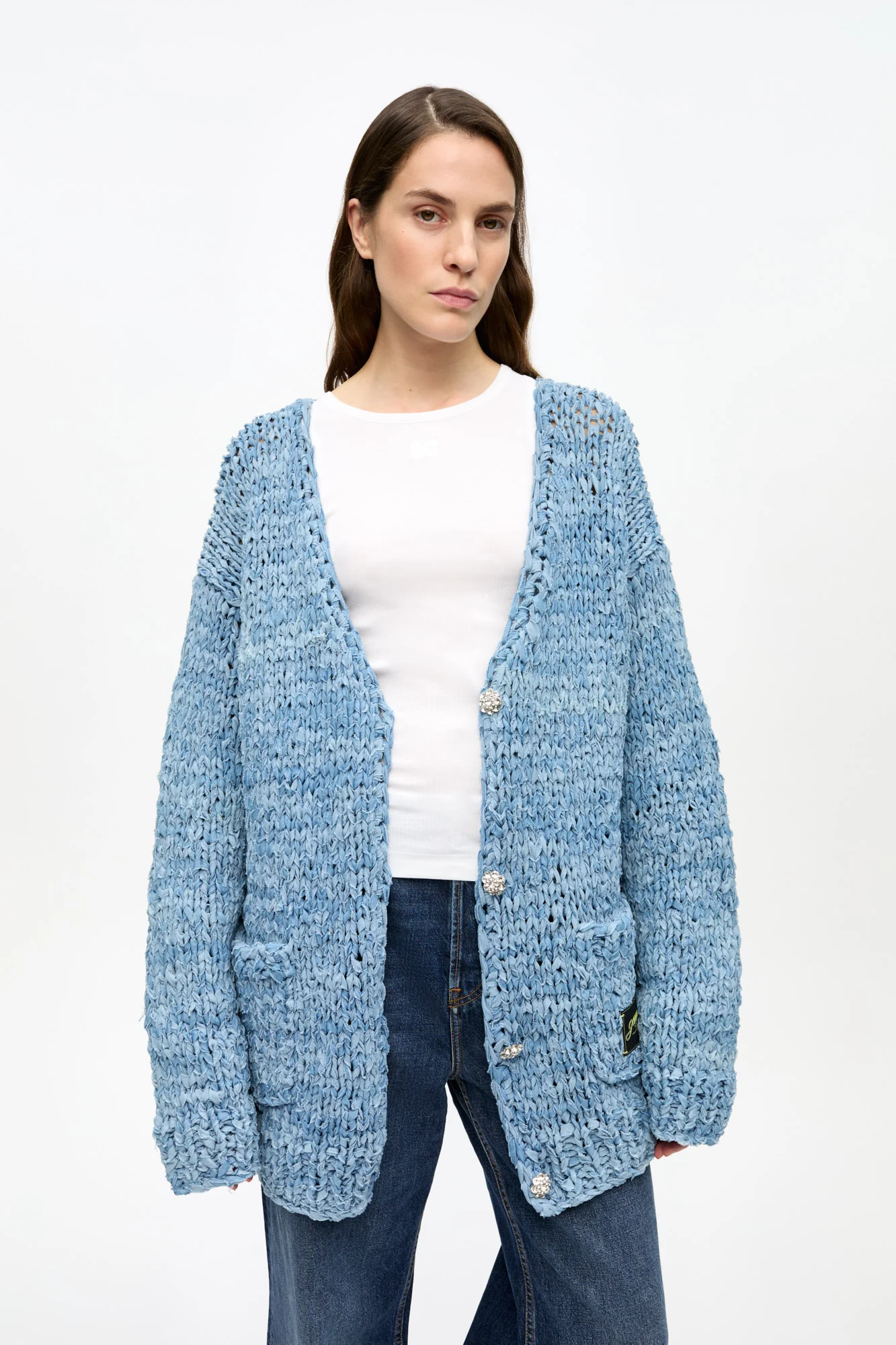 Denim Handknit Cardigan | Light Indigo - Image 3