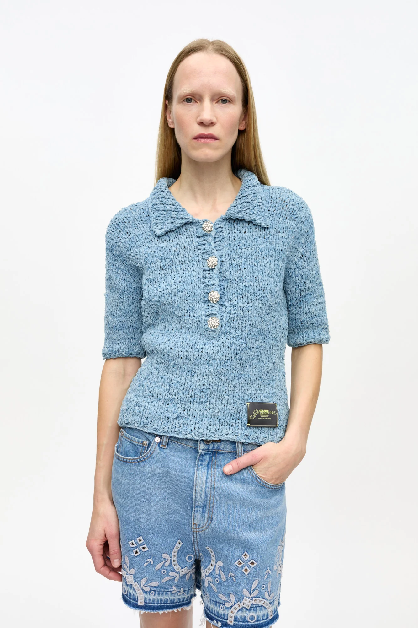 Denim Handknit Polo | Light Indigo - Image 3