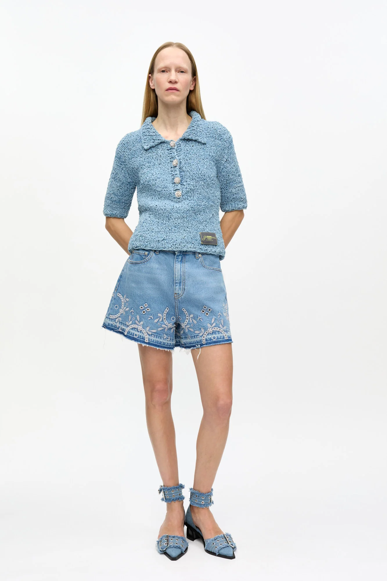 Denim Handknit Polo | Light Indigo - Image 4