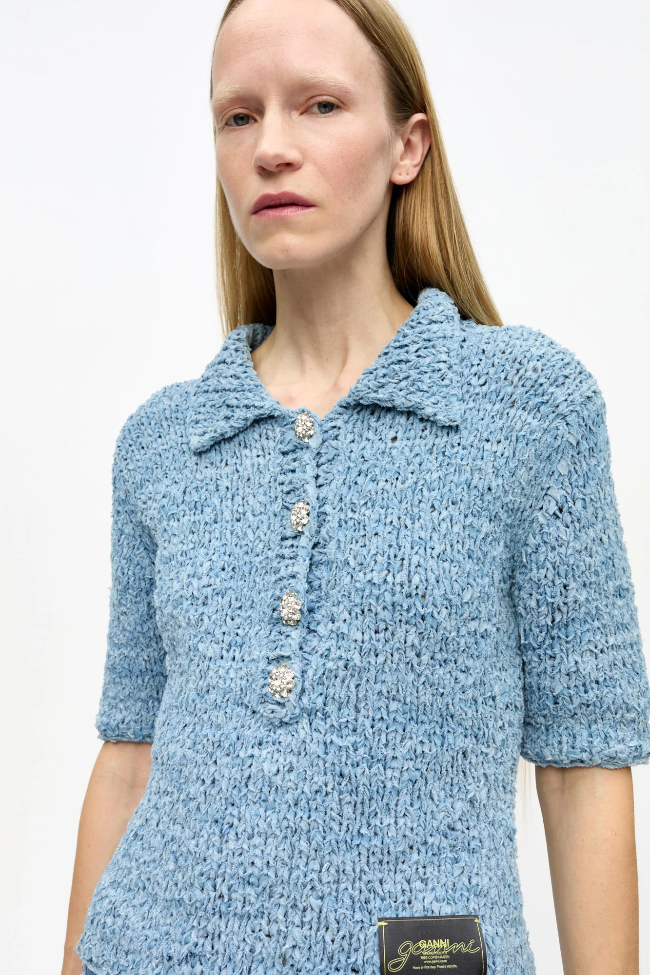 Denim Handknit Polo | Light Indigo - Image 6