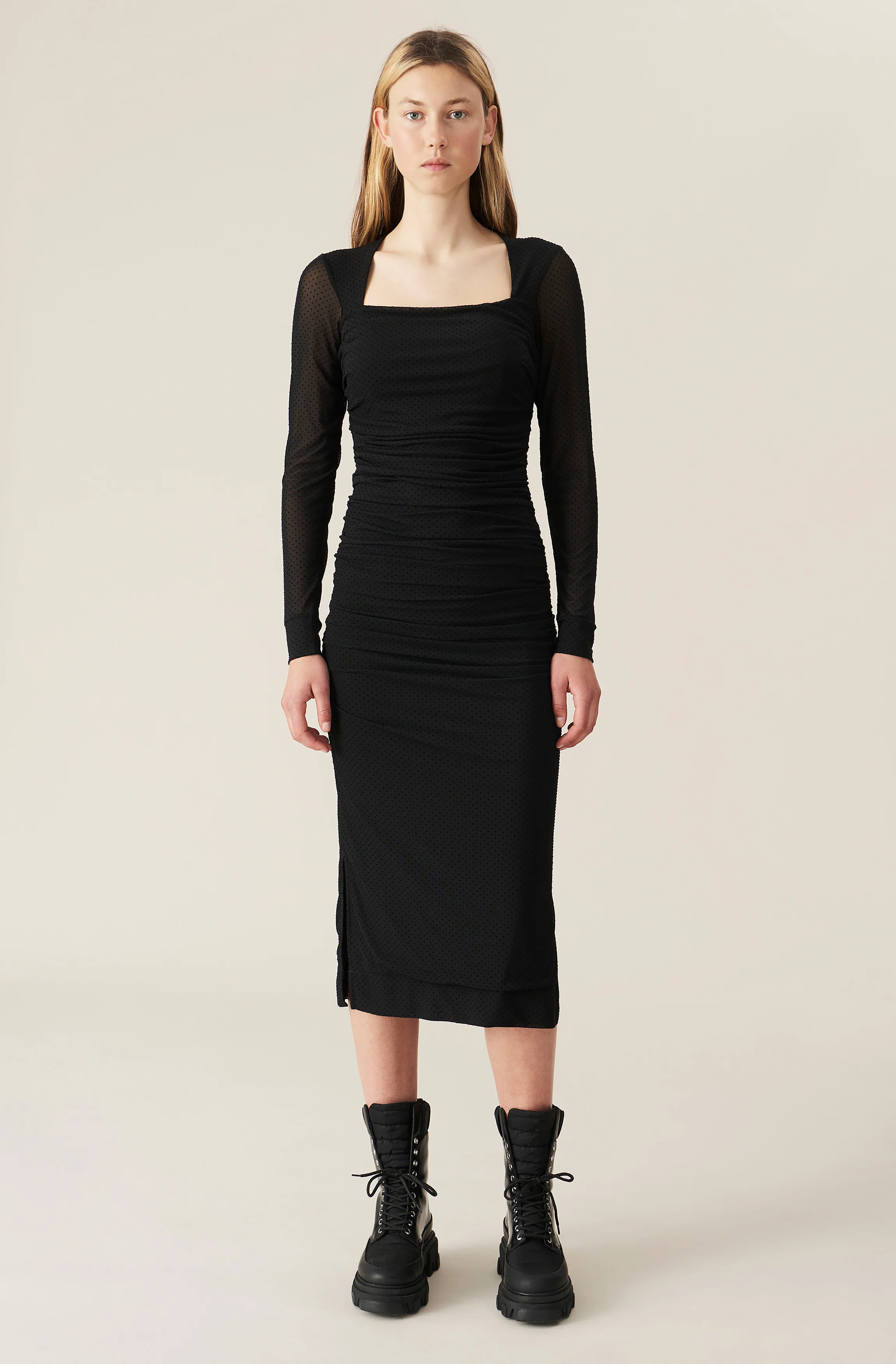 Dotted Mesh Midi Dress | Black - Image 2