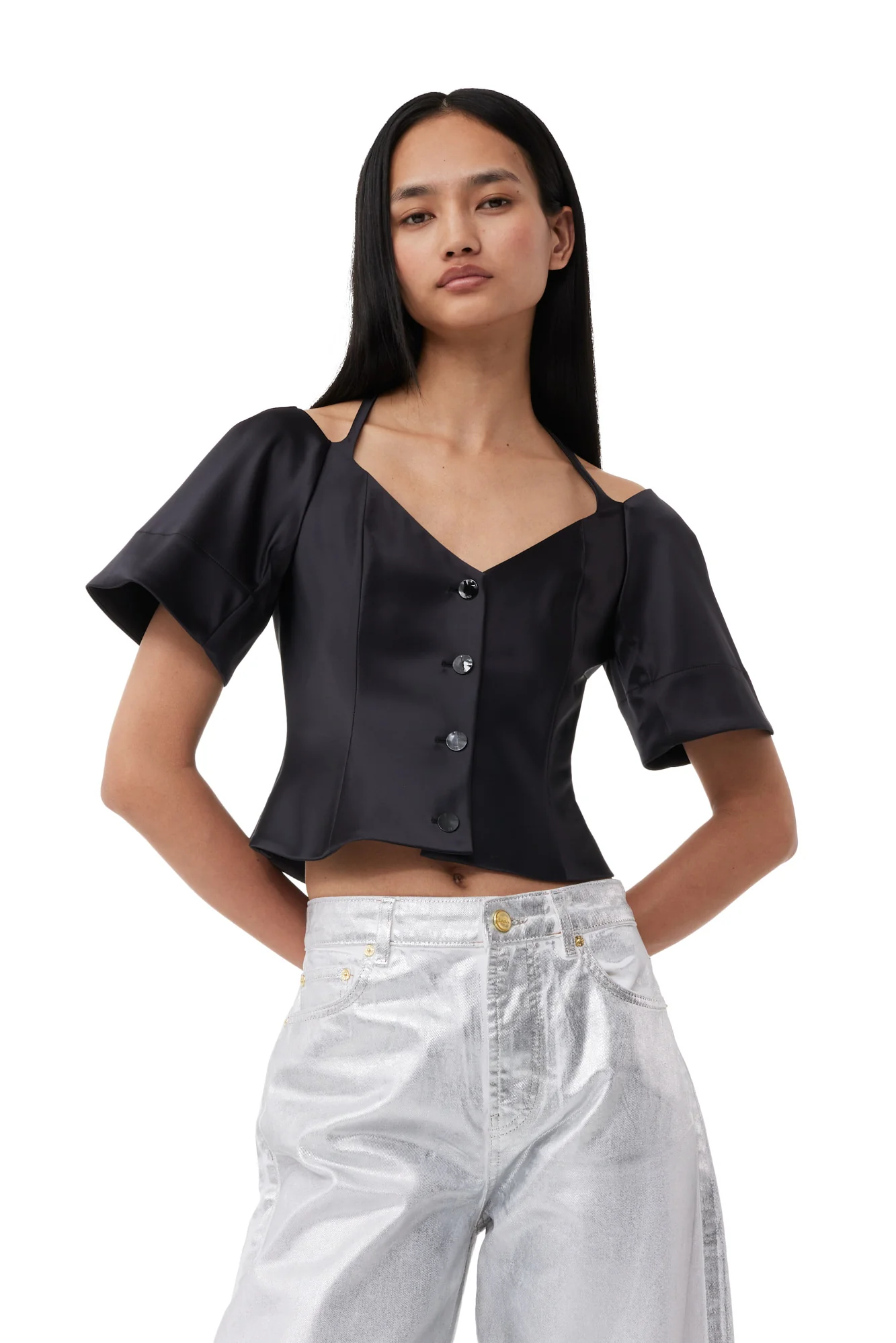 Double Satin Fitted Open-neck Blouse | Black - Image 3