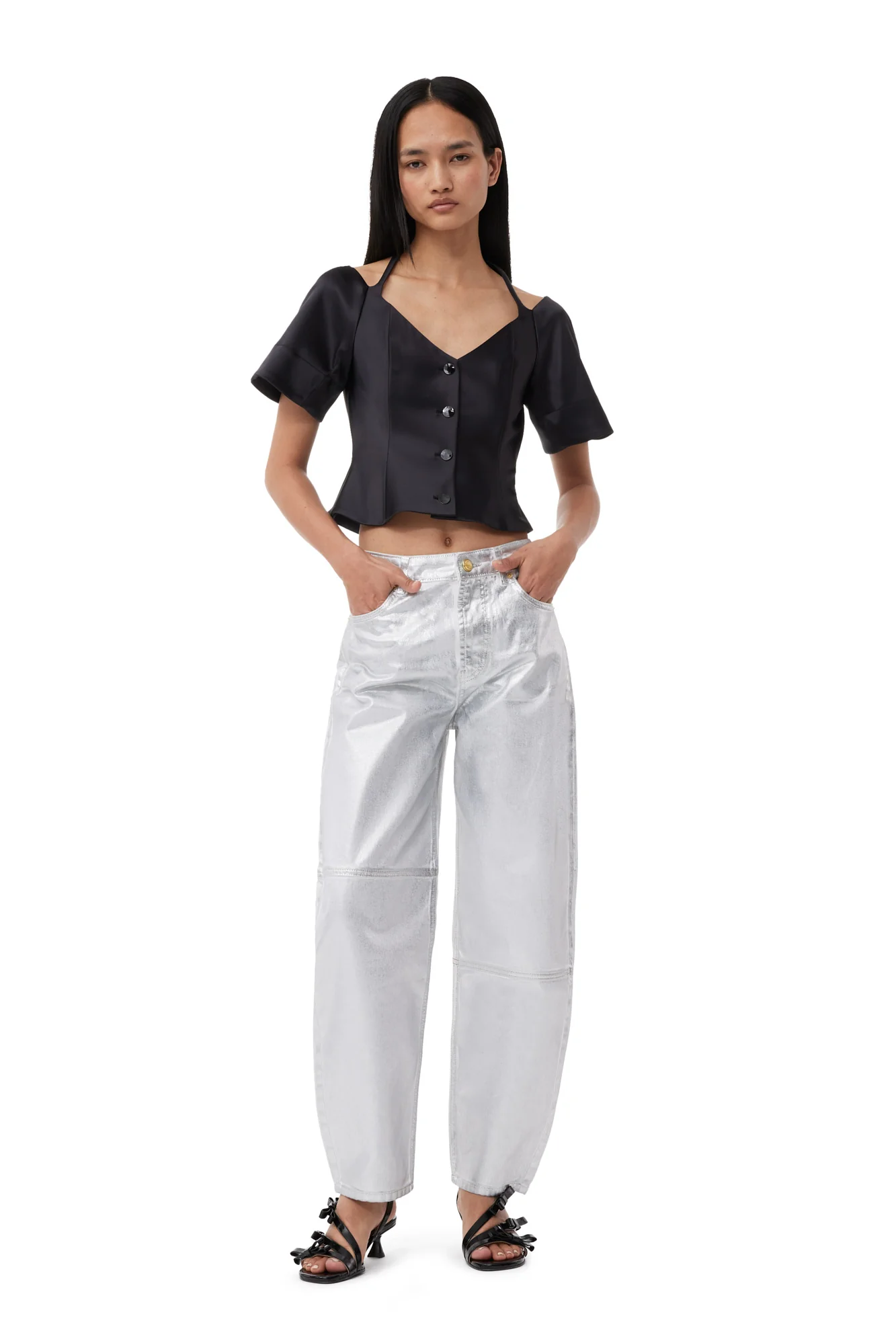 Double Satin Fitted Open-neck Blouse | Black - Image 4