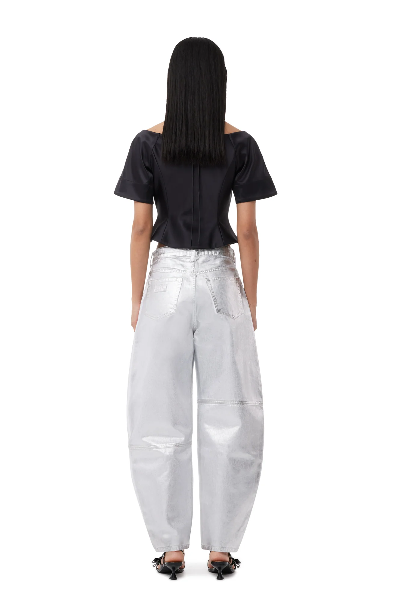 Double Satin Fitted Open-neck Blouse | Black - Image 5