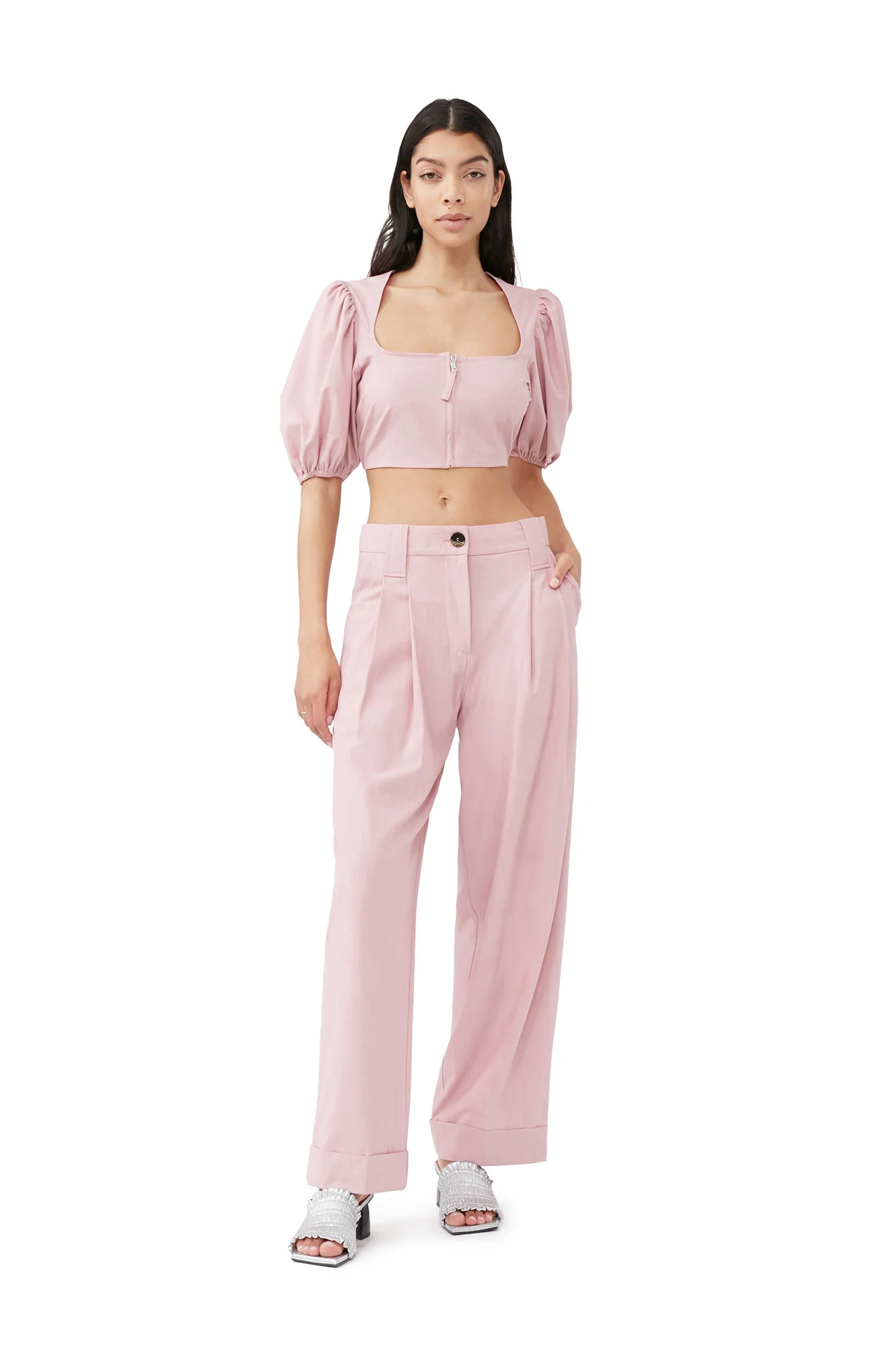 Drapey Melange Cropped Zipper Blouse | Pink Tulle - Image 3
