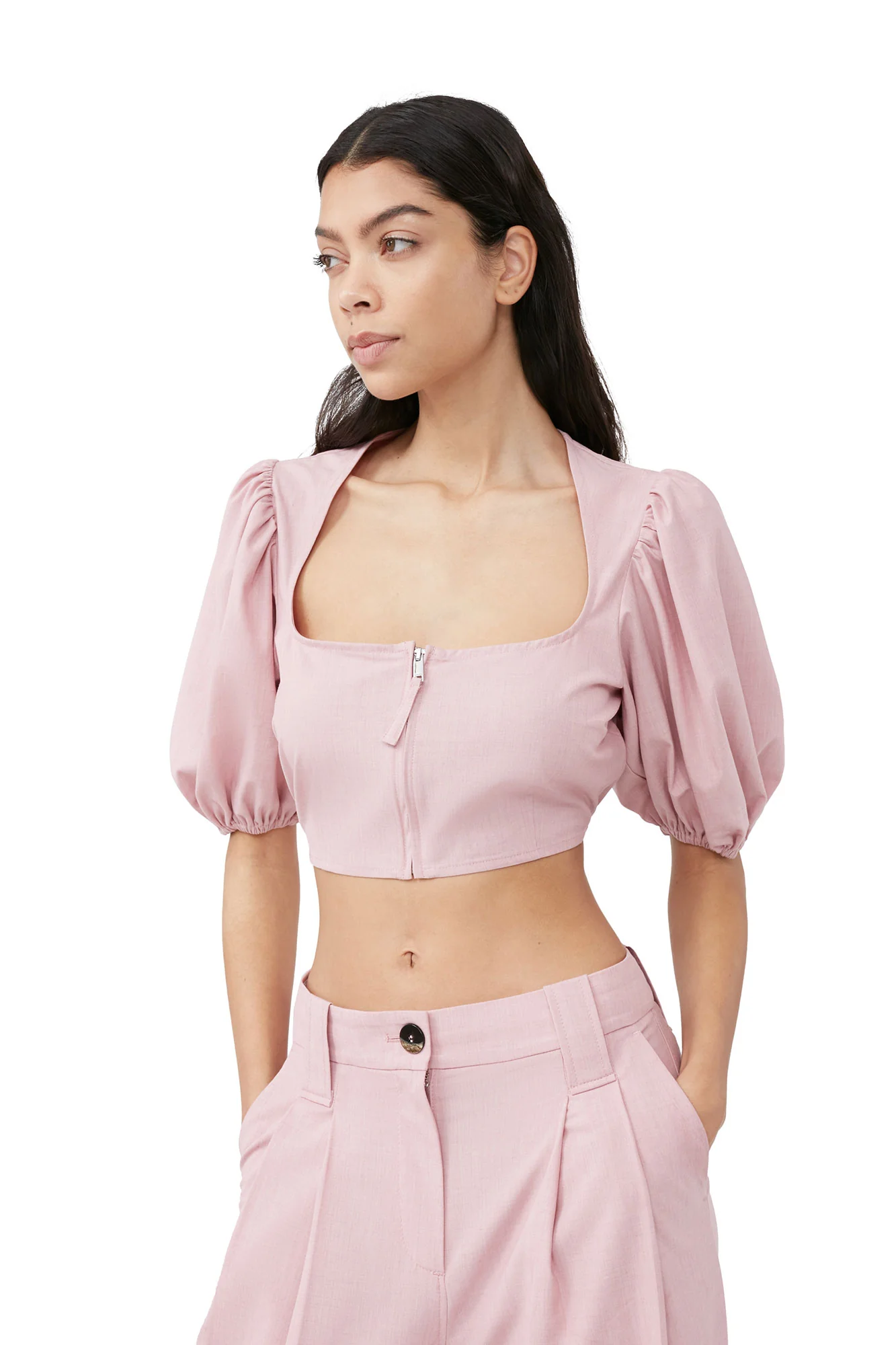 Drapey Melange Cropped Zipper Blouse | Pink Tulle - Image 6