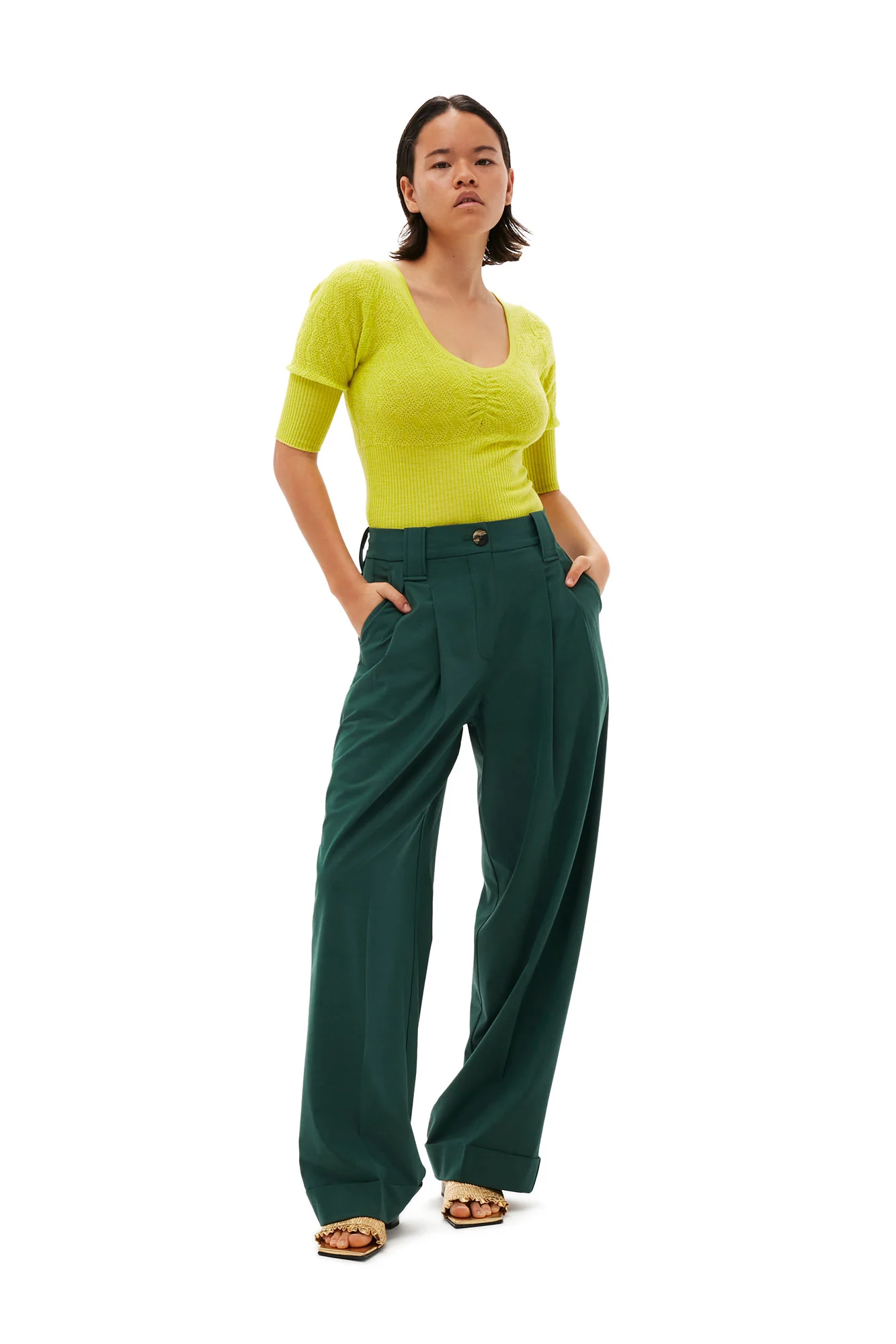 Drapey Melange Pleat Trousers | Trekking Green - Image 3
