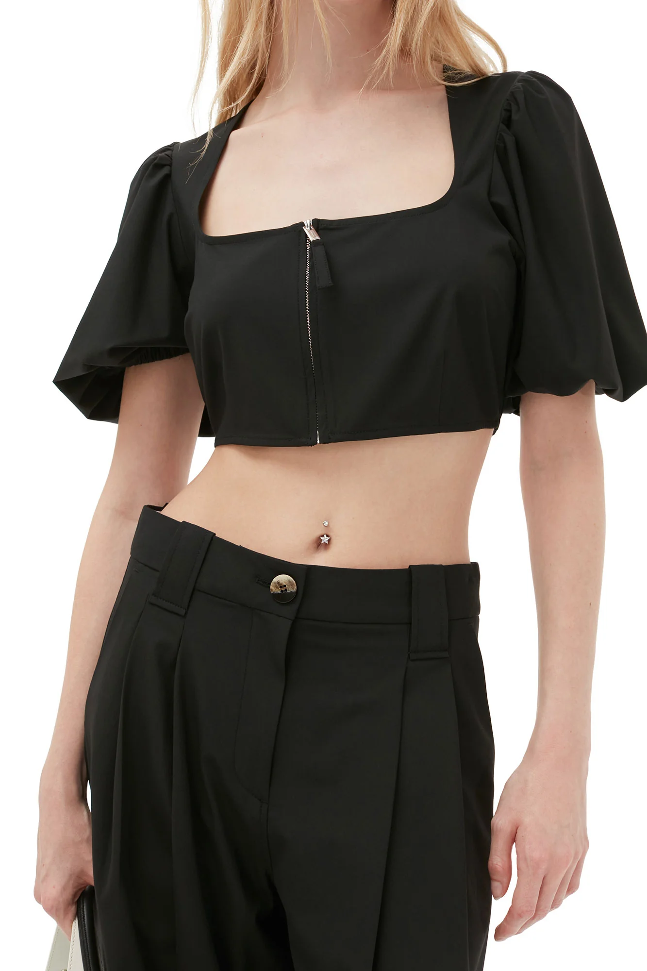 Drapey Melange Zipper Blouse | Black - Image 6