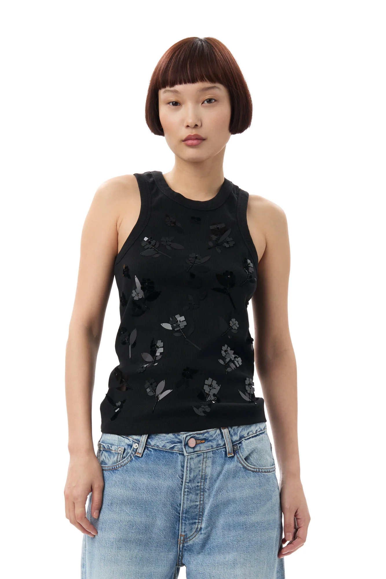 Embellished Rib Tank Top | Black - Image 3