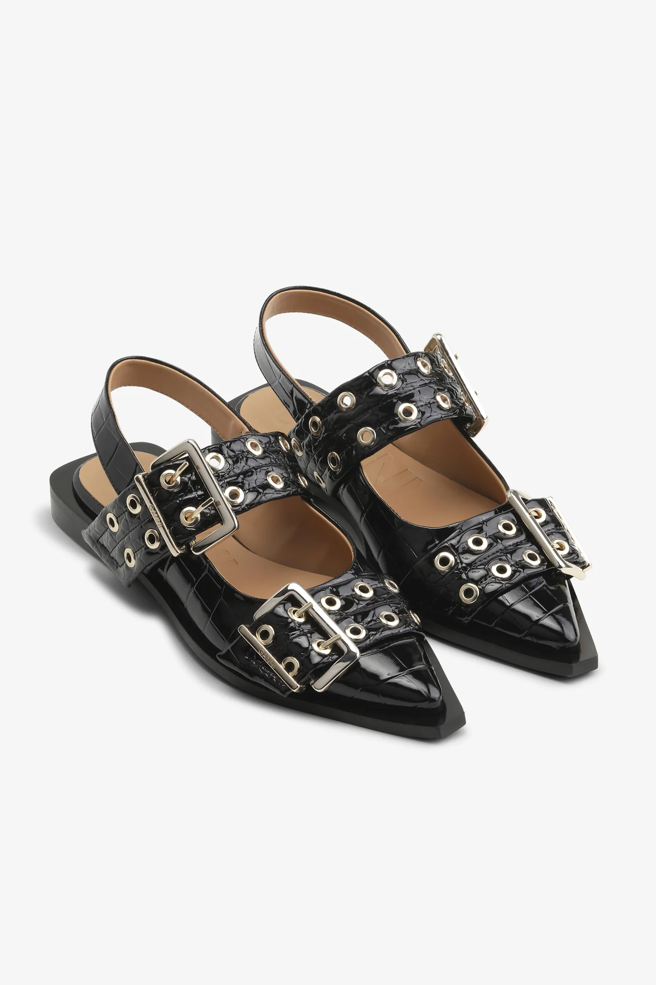 Feminine Buckle Ballerinas in Black Croco Patent | Black - Image 2