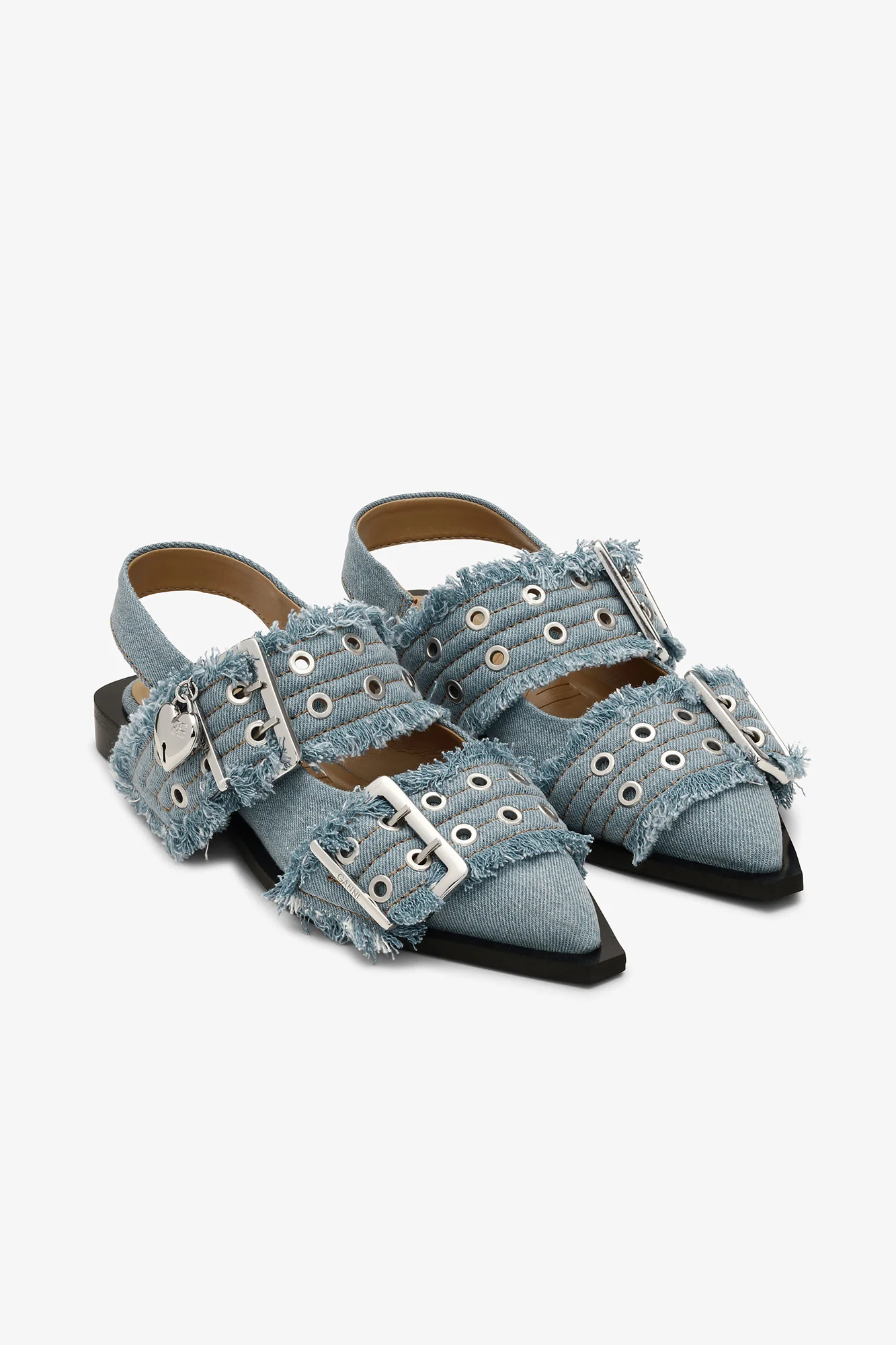 Feminine Buckle Ballerinas in Denim with Charms | Faded Denim - Image 2
