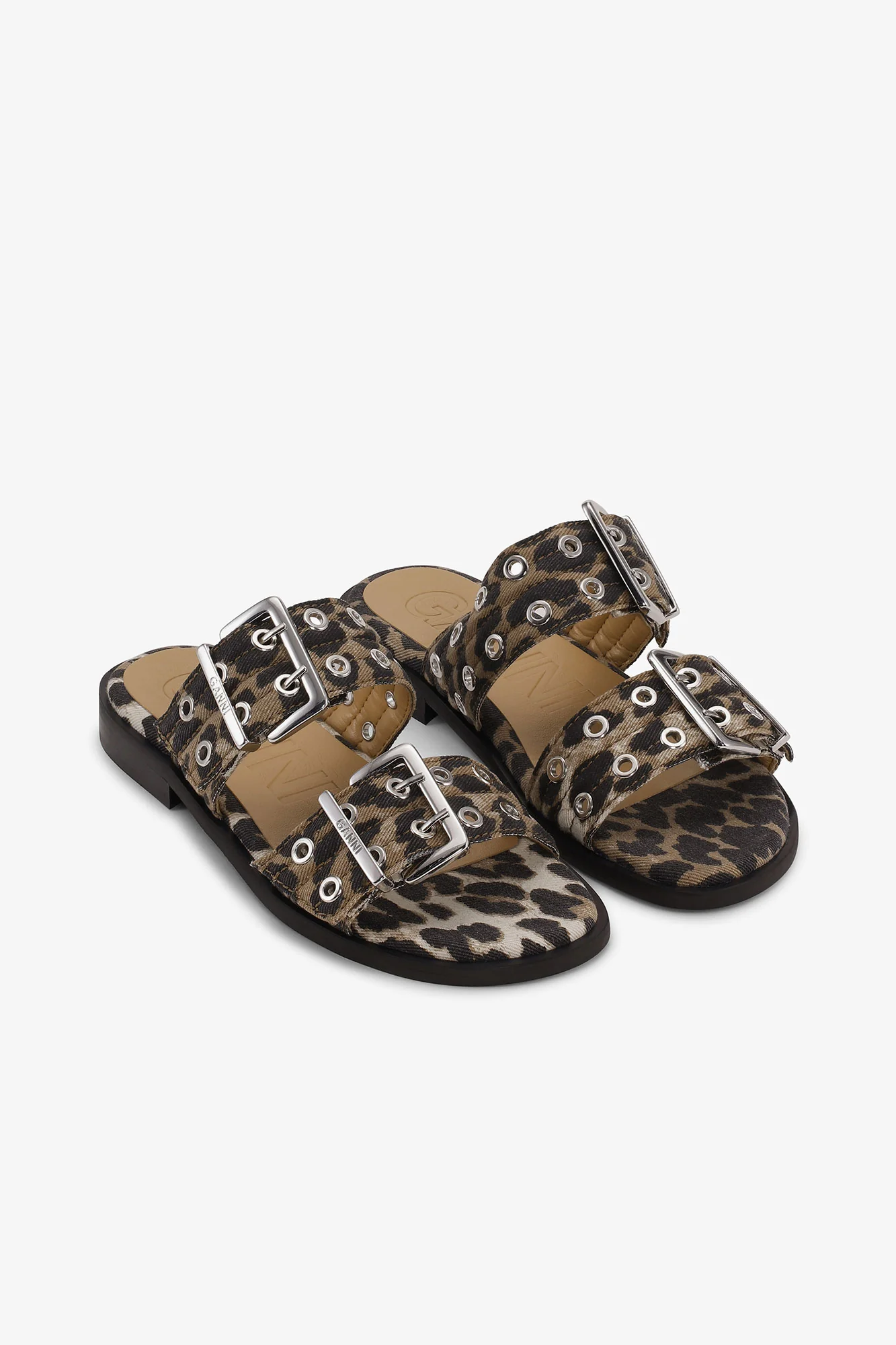 Feminine Buckle Two-Strap Sandals in Leopard Denim | Leopard - Image 2