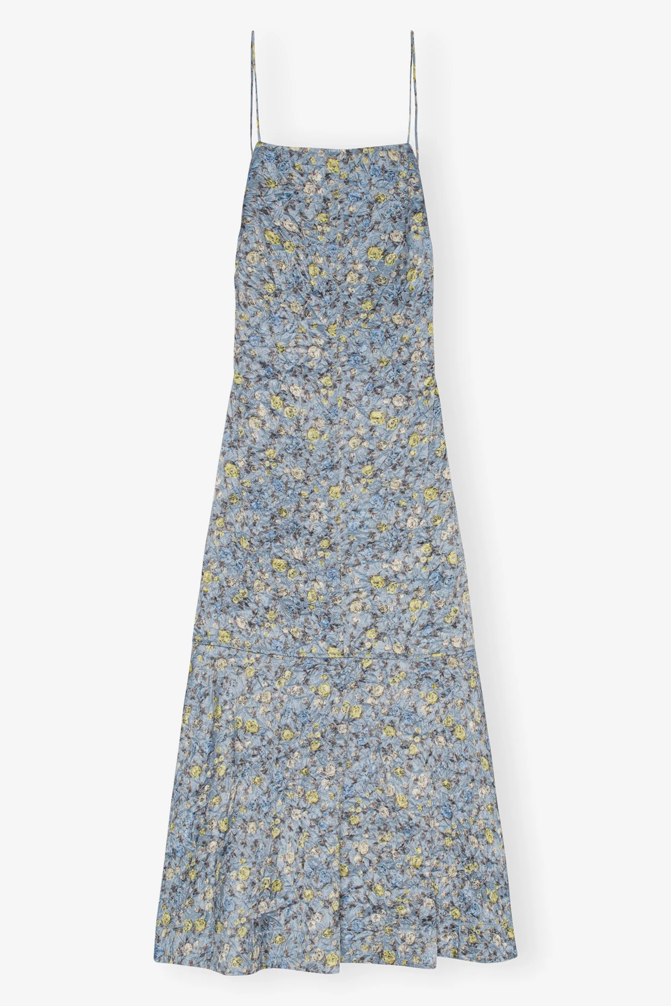 Floral Crinkled Satin Long Dress | Dusty Blue