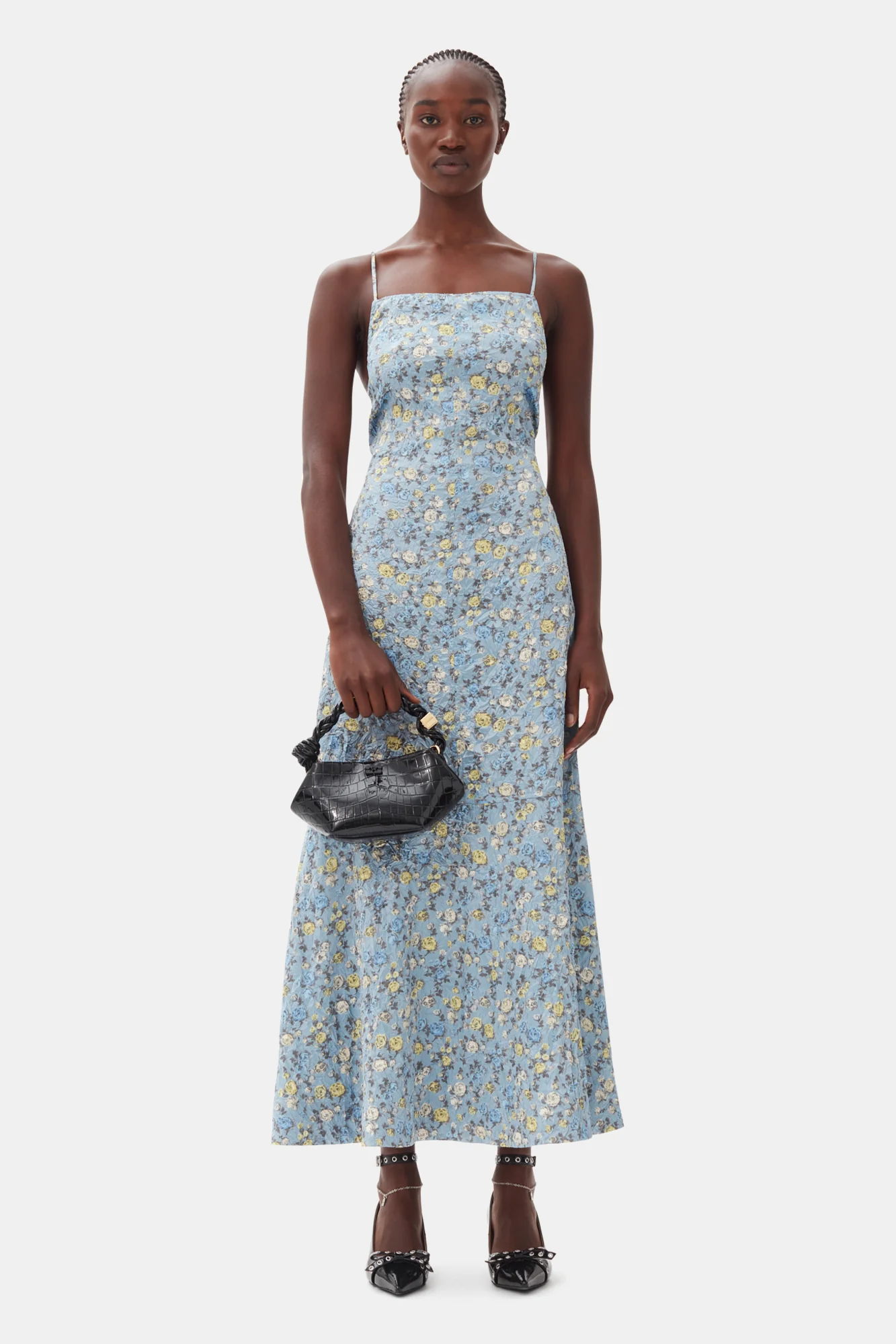 Floral Crinkled Satin Long Dress | Dusty Blue - Image 3