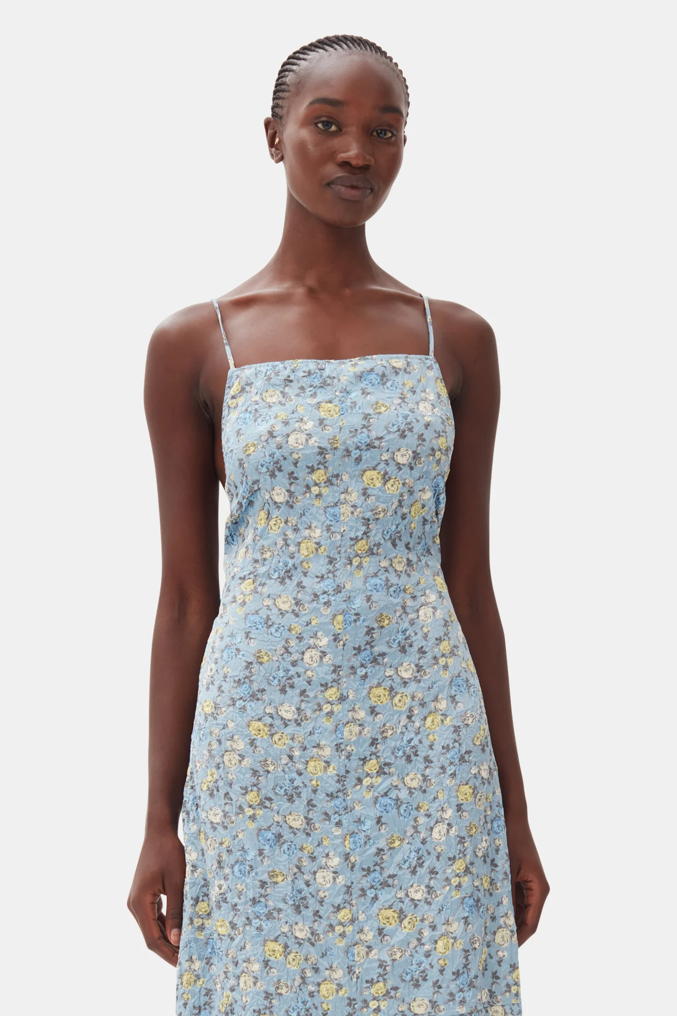 Floral Crinkled Satin Long Dress | Dusty Blue - Image 4